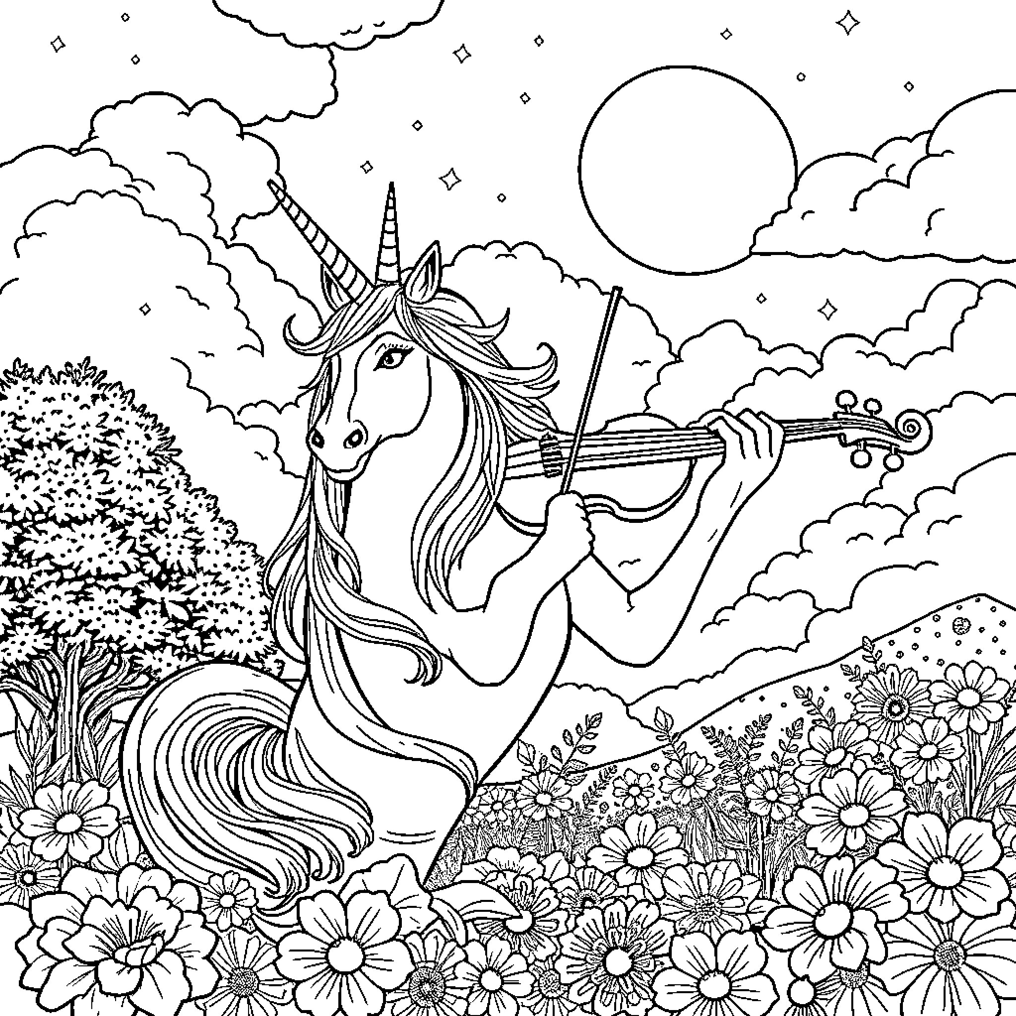 Unicorn playing a violin in a magical meadow Coloring Page (free black-and-white line drawing printable PDF for all, from beginners to advanced learners, including children, teens, adults, and seniors)