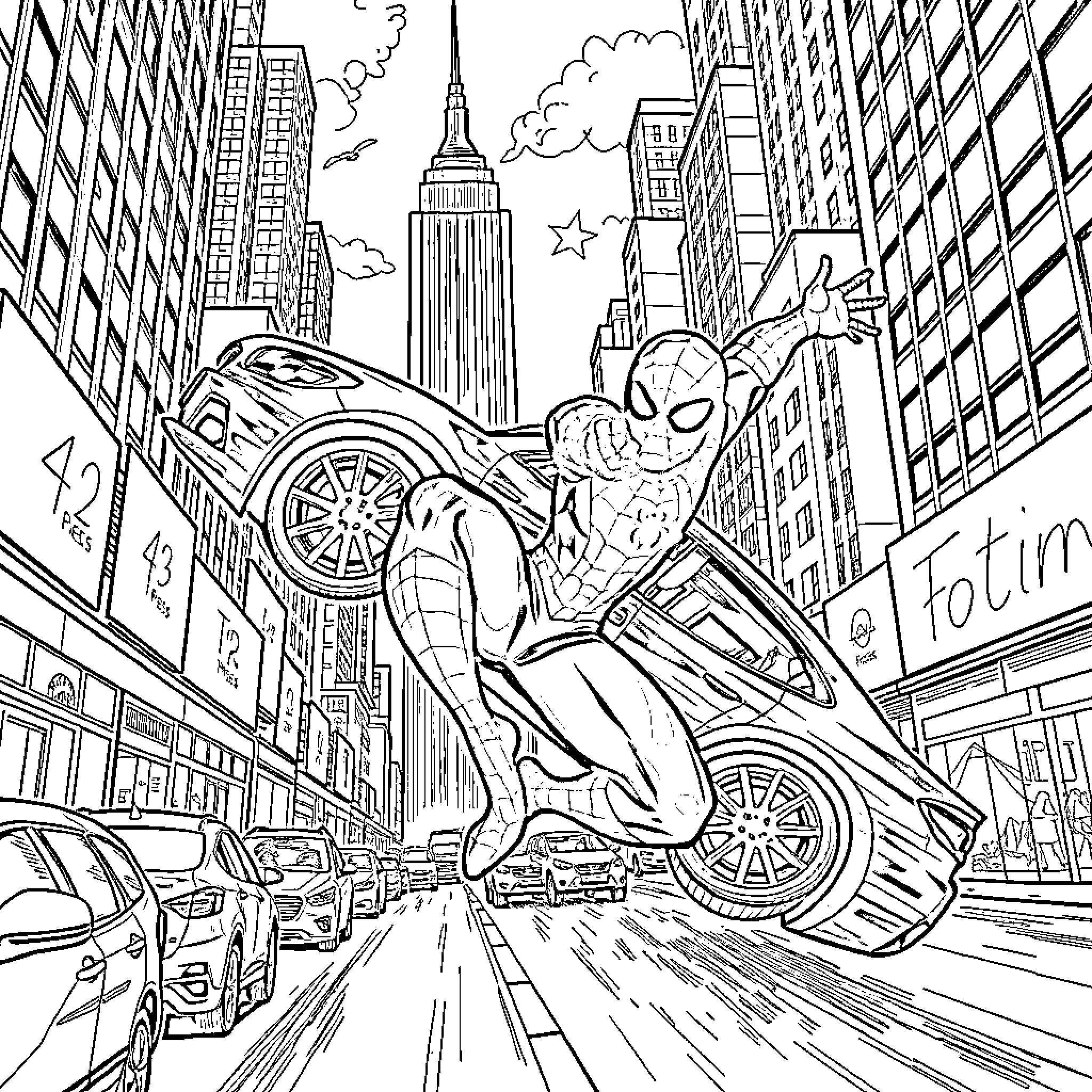 Spiderman swinging through the bustling city streets Coloring Page (free black-and-white line drawing printable PDF for all, from beginners to advanced learners, including children, teens, adults, and seniors)