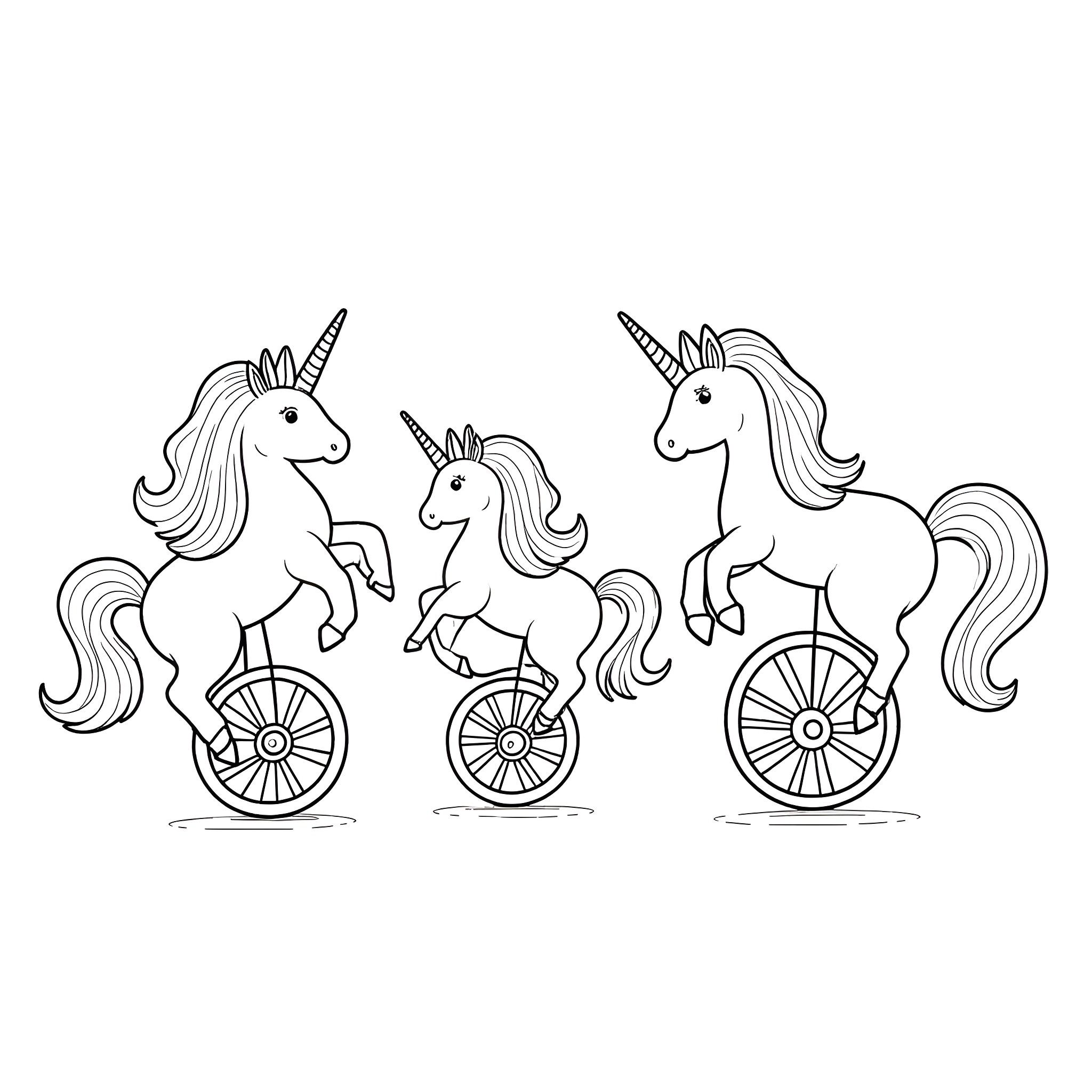 Unicorns riding colorful unicycles Coloring Page (free black-and-white line drawing printable PDF for all, from beginners to advanced learners, including children, teens, adults, and seniors)
