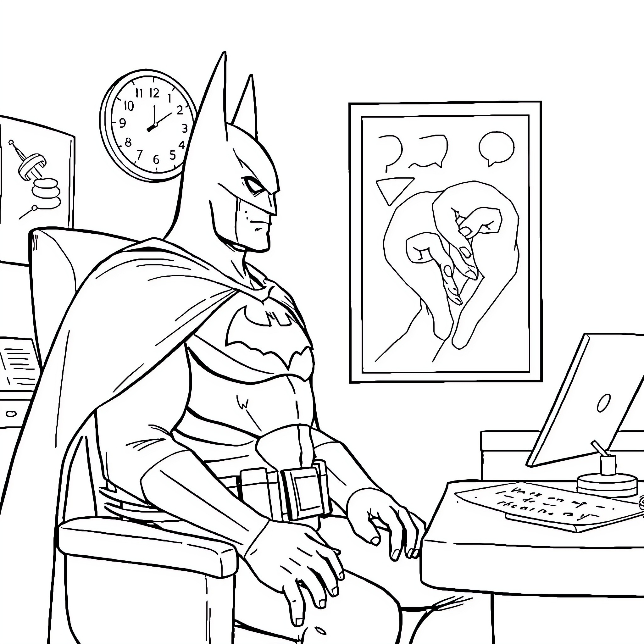 Batman working diligently at his desk Coloring Page (free black-and-white line drawing printable PDF for all, from beginners to advanced learners, including children, teens, adults, and seniors)