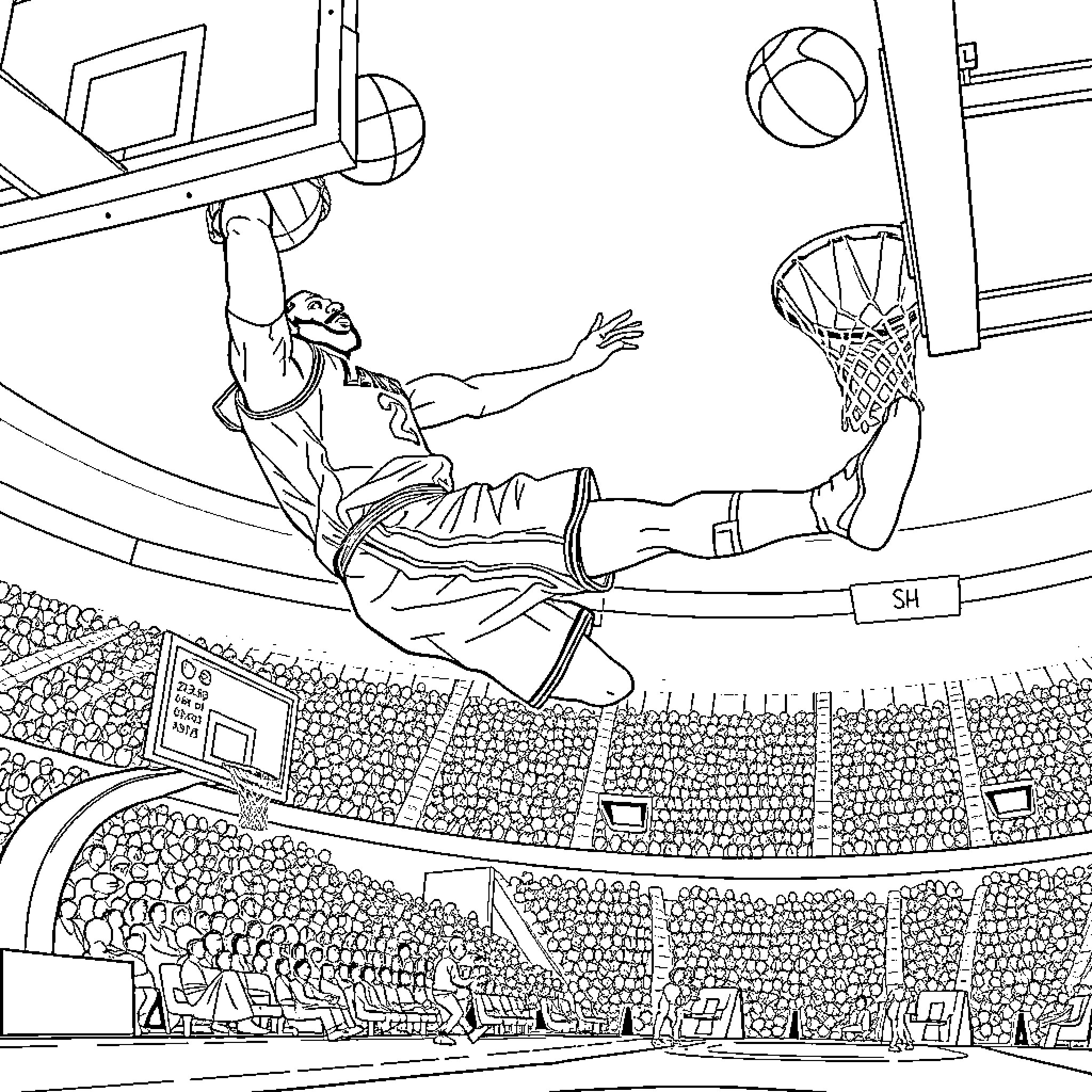 LeBron James making a slam dunk in a basketball game Coloring Page (free black-and-white line drawing printable PDF for all, from beginners to advanced learners, including children, teens, adults, and seniors)