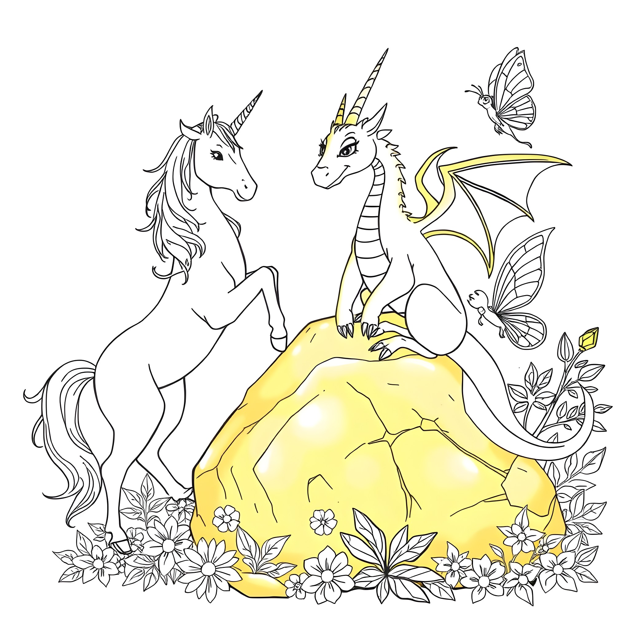 Mythical Creatures Frolicking in a Floral Wonderland Coloring Page (free black-and-white line drawing printable PDF for all, from beginners to advanced learners, including children, teens, adults, and seniors)