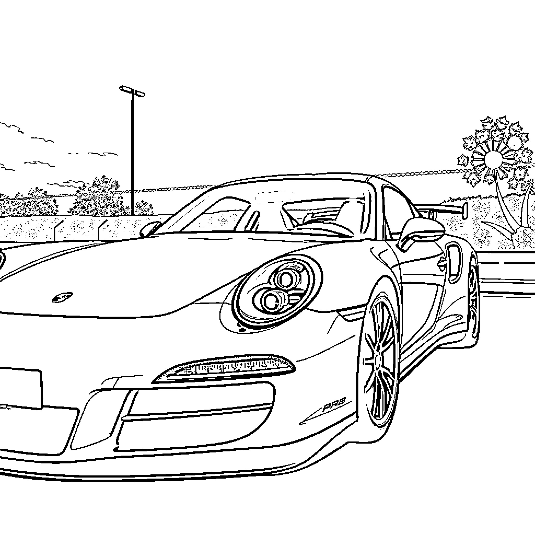 Porsche sports car in serene outdoor setting Coloring Page (free black-and-white line drawing printable PDF for all, from beginners to advanced learners, including children, teens, adults, and seniors)