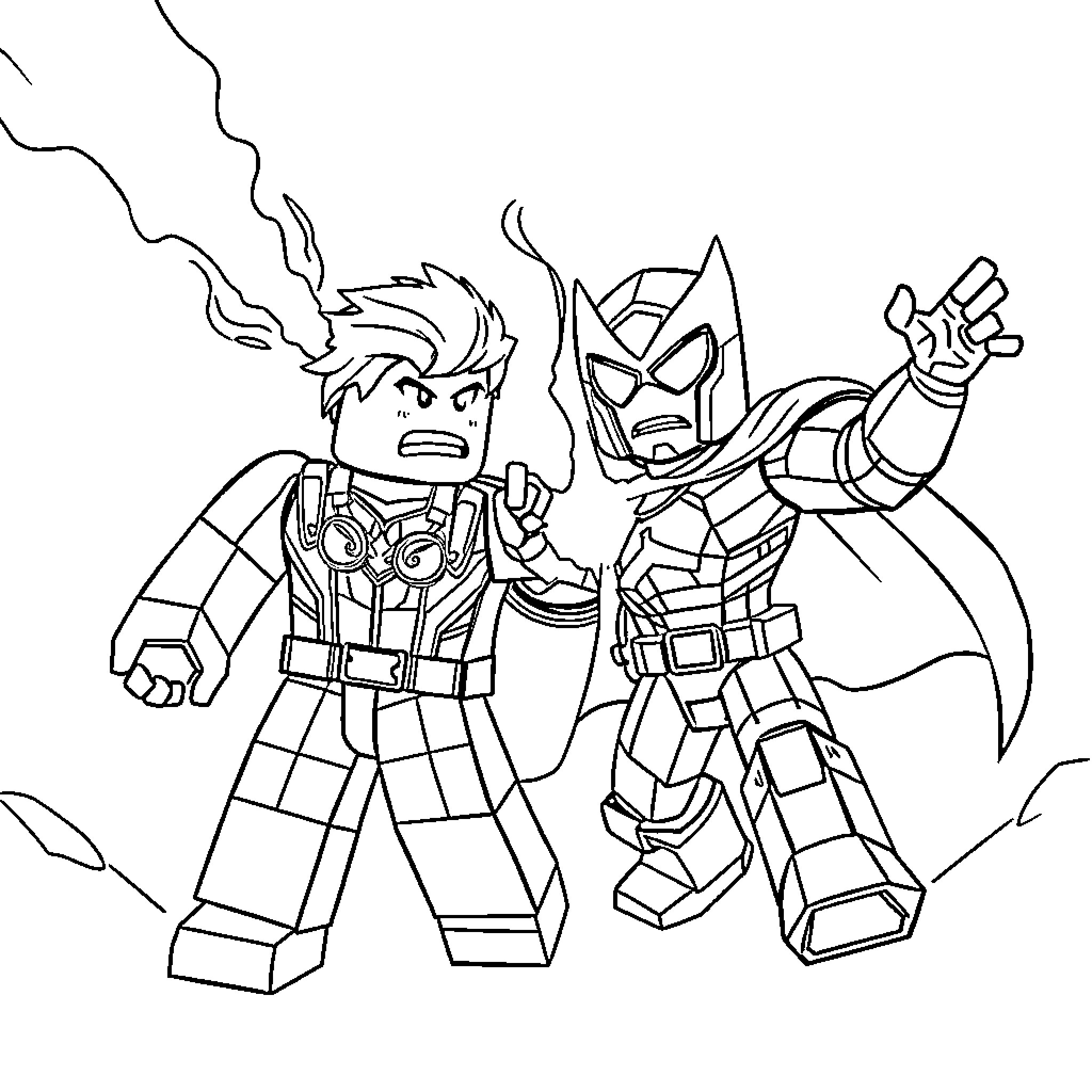 Roblox Character Fighting Heroically Against Foe Coloring Page (free black-and-white line drawing printable PDF for all, from beginners to advanced learners, including children, teens, adults, and seniors)