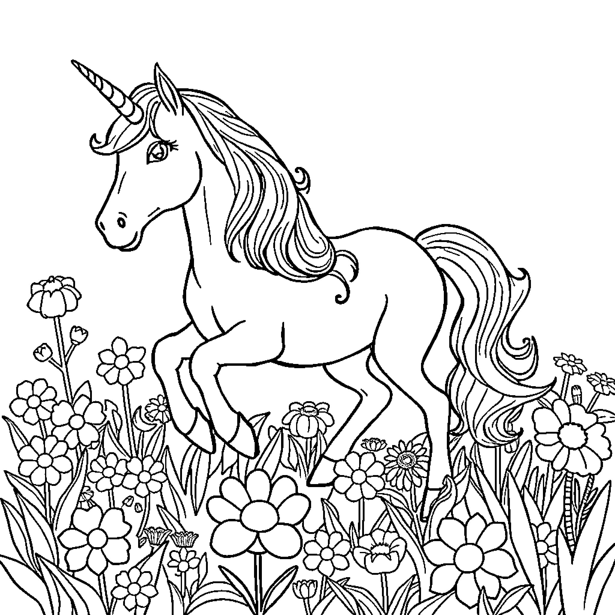 Unicorn standing amidst a garden of vibrant flowers Coloring Page (free black-and-white line drawing printable PDF for all, from beginners to advanced learners, including children, teens, adults, and seniors)