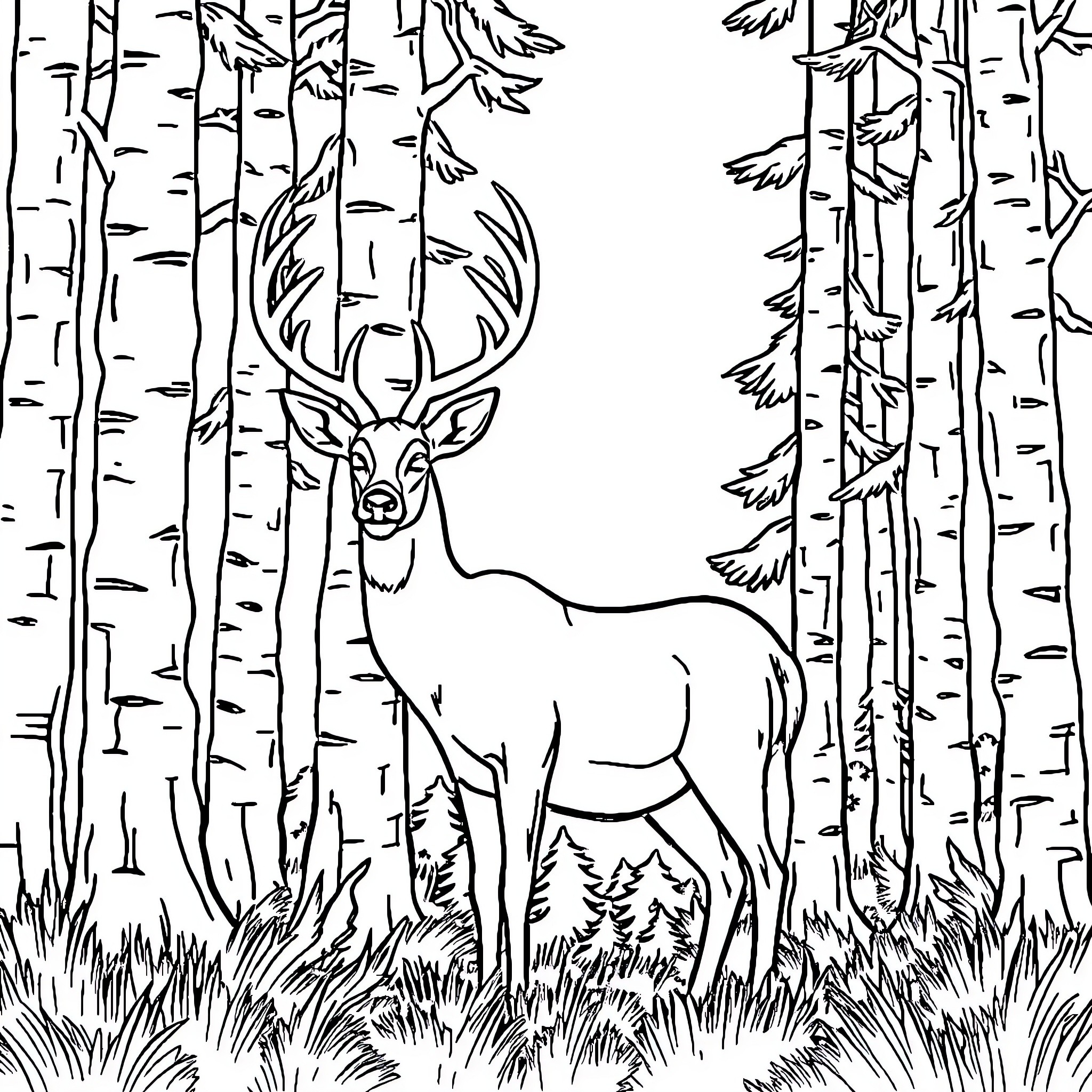 Mule Deer in the Birch Forest Coloring Page (free black-and-white line drawing printable PDF for all, from beginners to advanced learners, including children, teens, adults, and seniors)