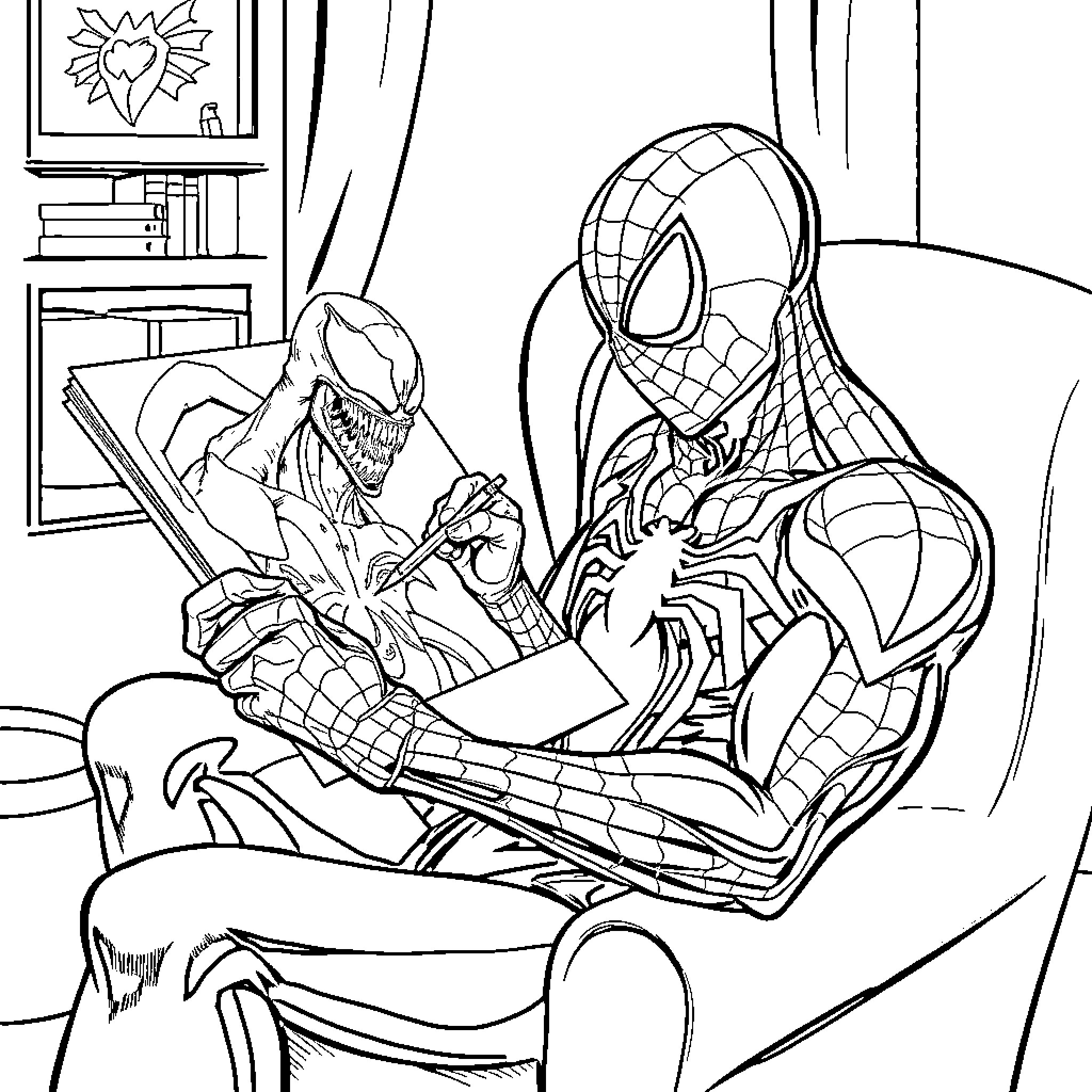 Spiderman fights against Venom in a bedroom setting Coloring Page (free black-and-white line drawing printable PDF for all, from beginners to advanced learners, including children, teens, adults, and seniors)