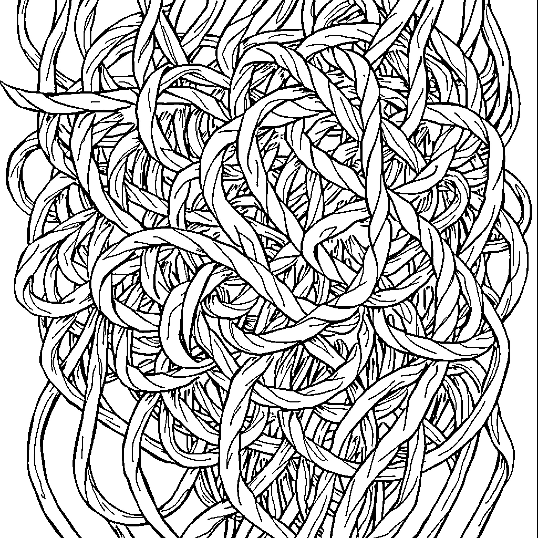 Tangled Abstract Botanical Composition Coloring Page (free black-and-white line drawing printable PDF for all, from beginners to advanced learners, including children, teens, adults, and seniors)