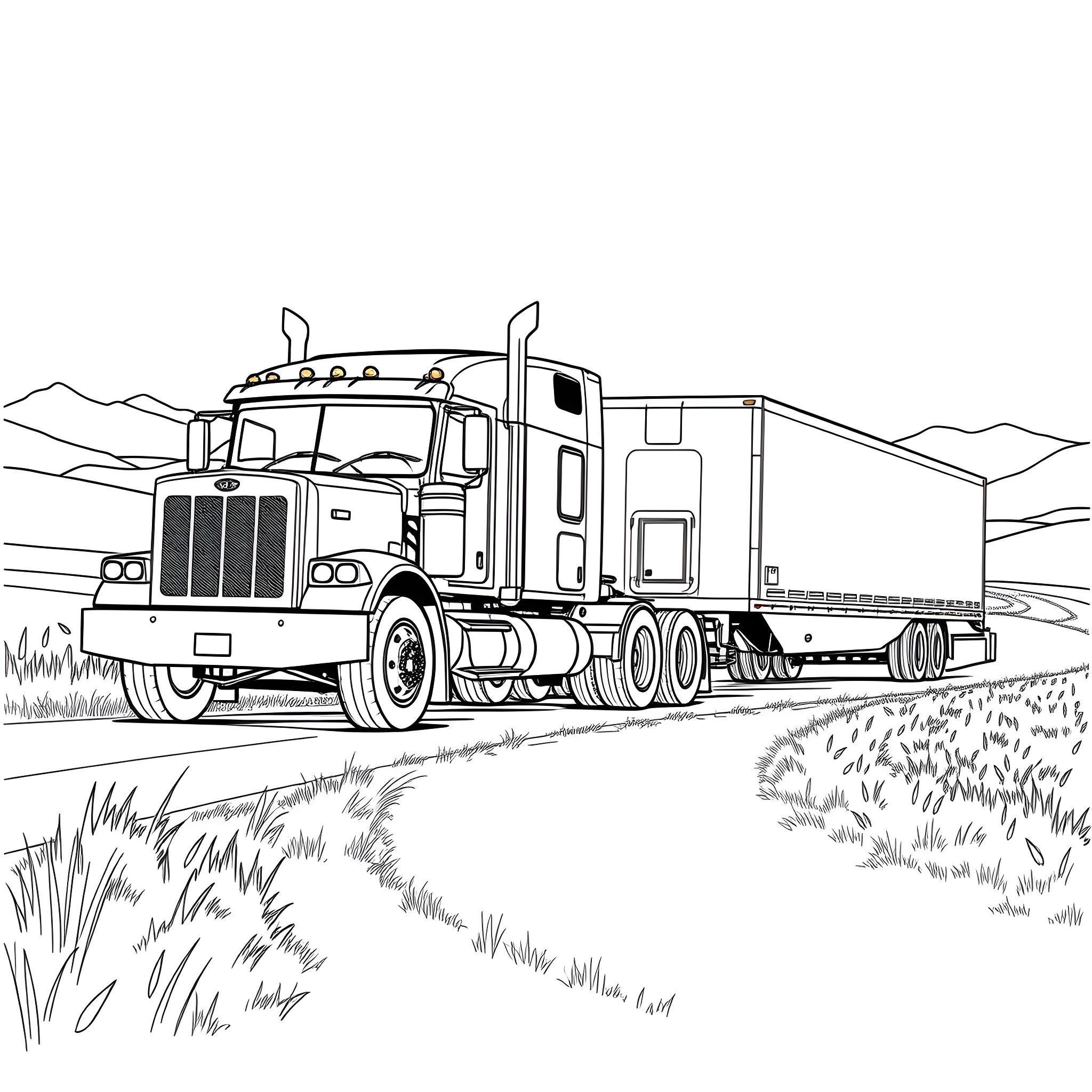 Truck hauling cargo on rural road Coloring Page (free black-and-white line drawing printable PDF for all, from beginners to advanced learners, including children, teens, adults, and seniors)