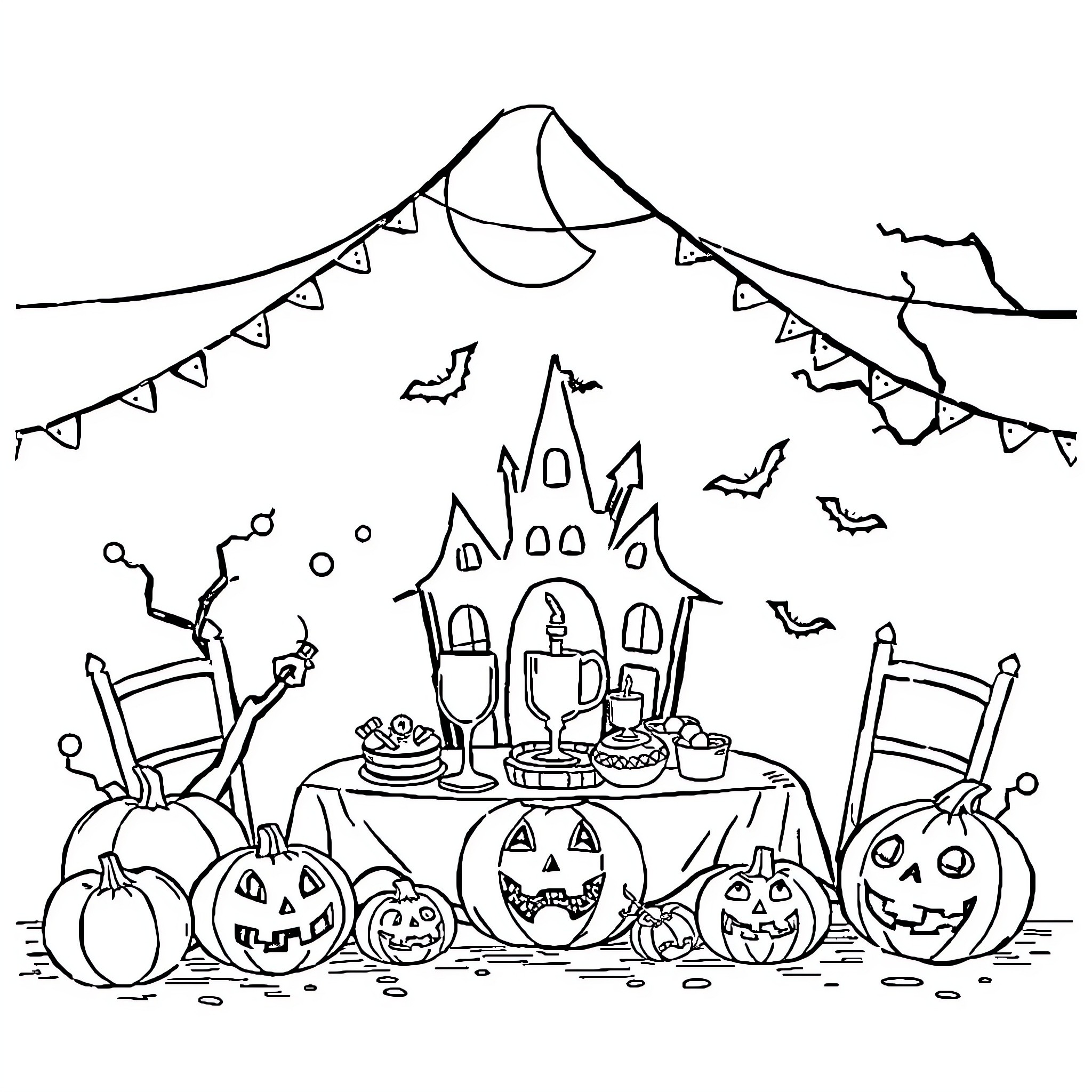 Halloween scene with festive decorations and jack-o'-lanterns Coloring Page (free black-and-white line drawing printable PDF for all, from beginners to advanced learners, including children, teens, adults, and seniors)