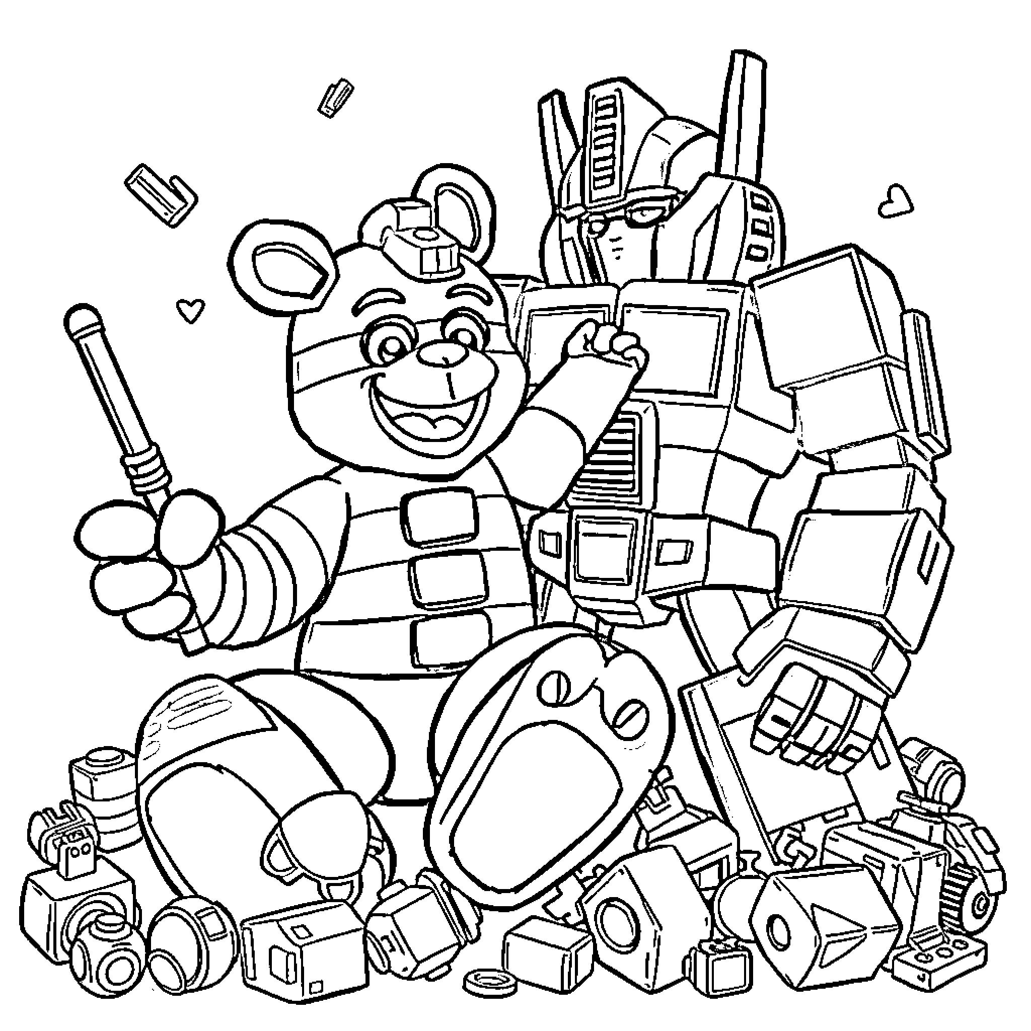 Freddy Fazzbear assembling a robotic suit in a workshop Coloring Page (free black-and-white line drawing printable PDF for all, from beginners to advanced learners, including children, teens, adults, and seniors)