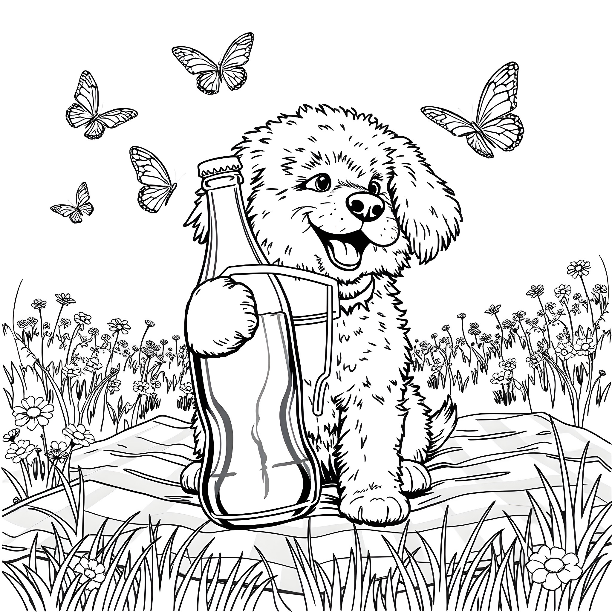 Dog playing happily with butterflies in the garden Coloring Page (free black-and-white line drawing printable PDF for all, from beginners to advanced learners, including children, teens, adults, and seniors)