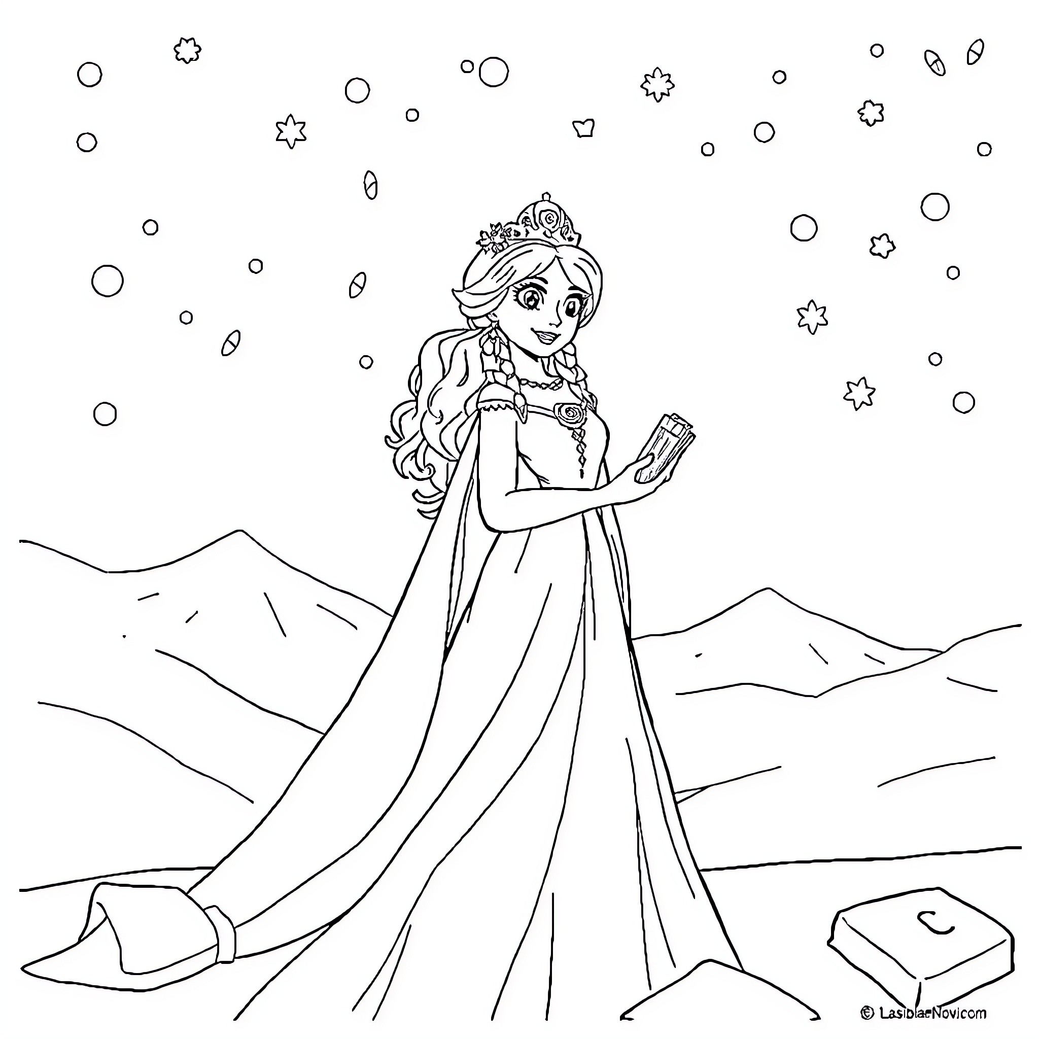 Snow Queen in a winter wonderland Coloring Page (free black-and-white line drawing printable PDF for all, from beginners to advanced learners, including children, teens, adults, and seniors)