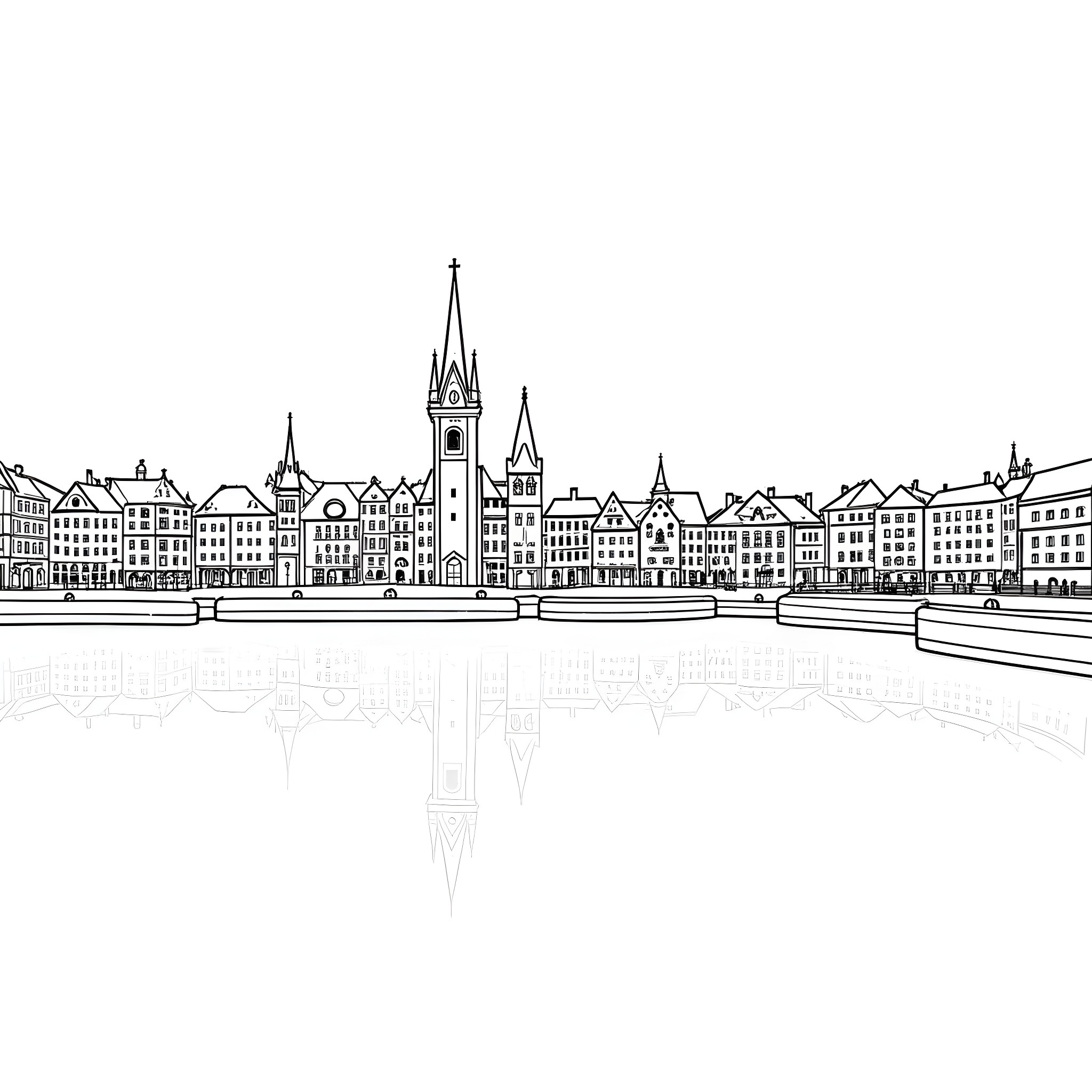 City with historic buildings and architecture Coloring Page (free black-and-white line drawing printable PDF for all, from beginners to advanced learners, including children, teens, adults, and seniors)