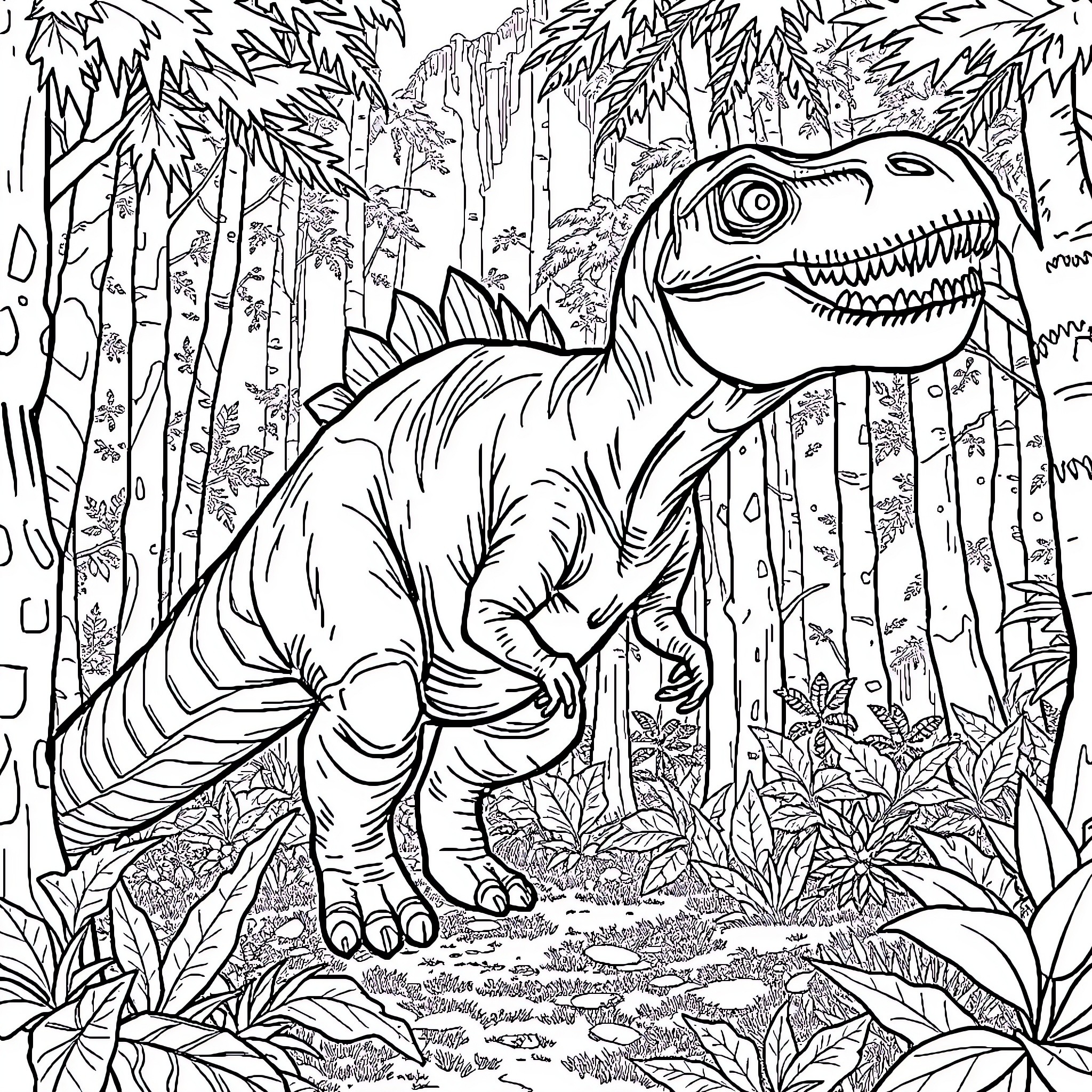 Dinosaur exploring the lush prehistoric forest Coloring Page (free black-and-white line drawing printable PDF for all, from beginners to advanced learners, including children, teens, adults, and seniors)