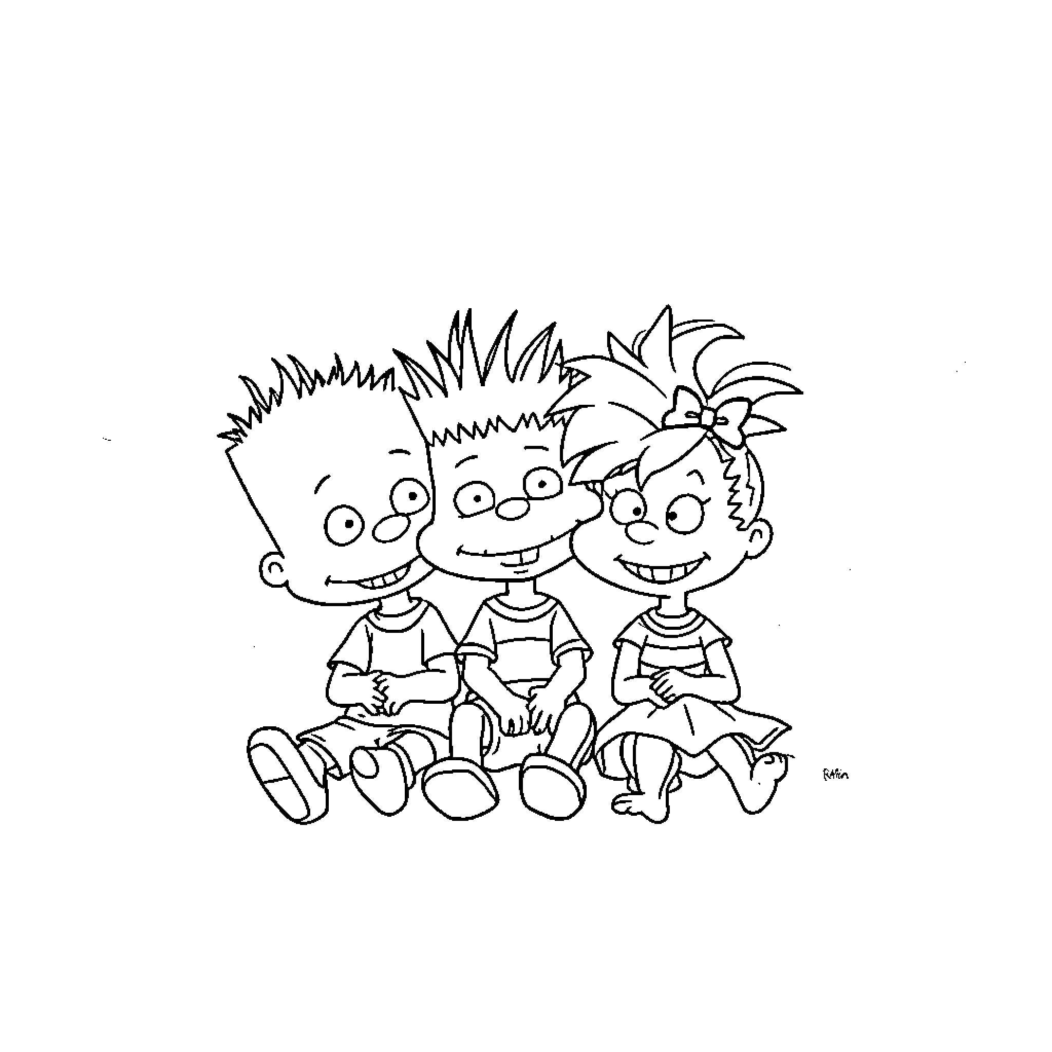 Rugrats enjoying a playful moment together Coloring Page (free black-and-white line drawing printable PDF for all, from beginners to advanced learners, including children, teens, adults, and seniors)
