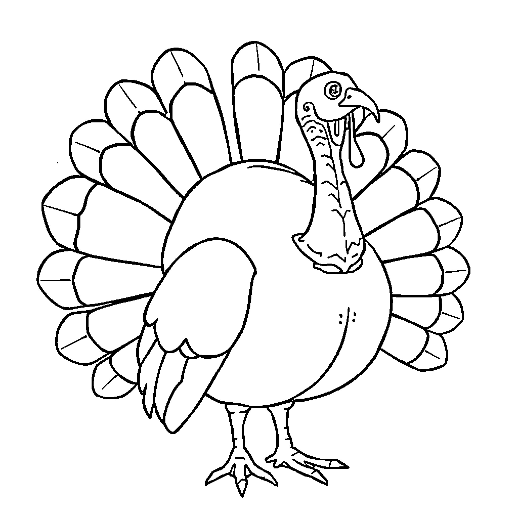 Turkey with vibrant feathers in simple outline Coloring Page (free black-and-white line drawing printable PDF for all, from beginners to advanced learners, including children, teens, adults, and seniors)