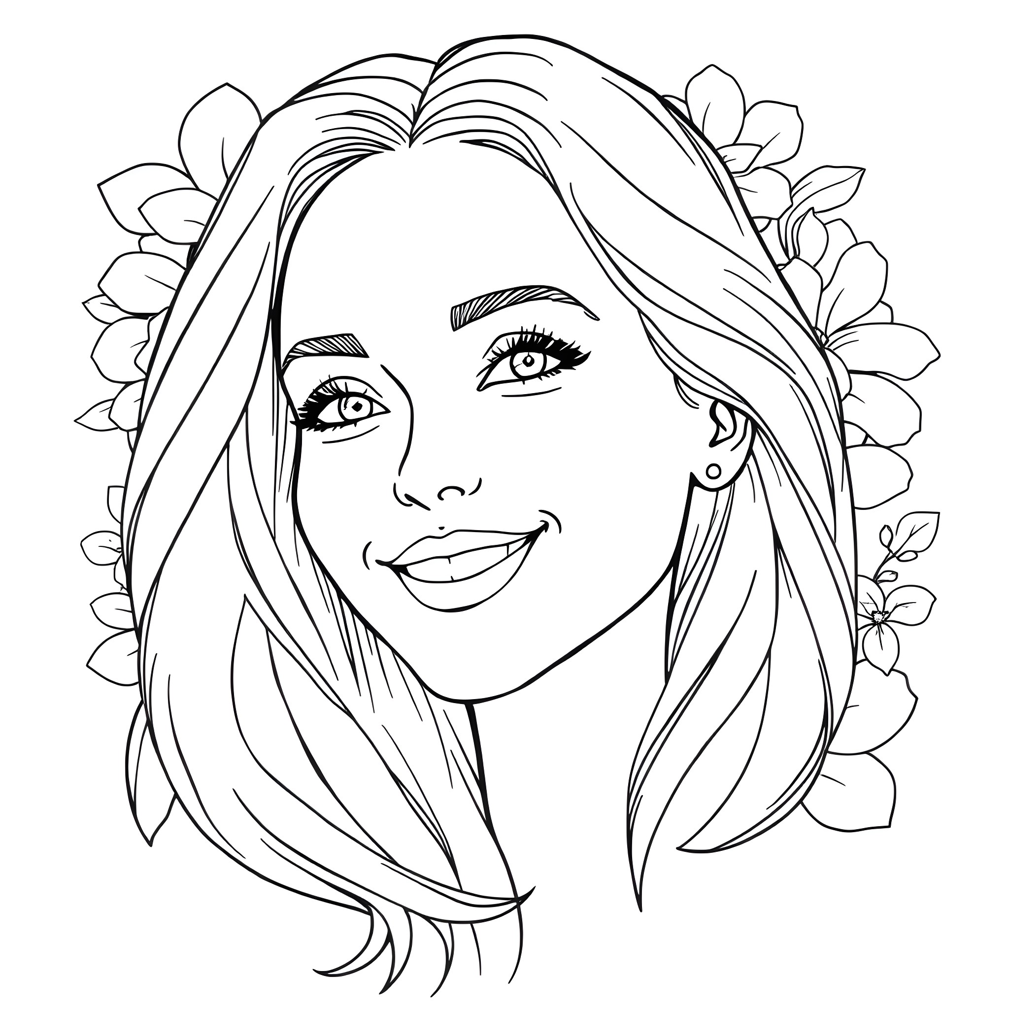 Lady with Floral Headpiece and Charming Smile Coloring Page (free black-and-white line drawing printable PDF for all, from beginners to advanced learners, including children, teens, adults, and seniors)
