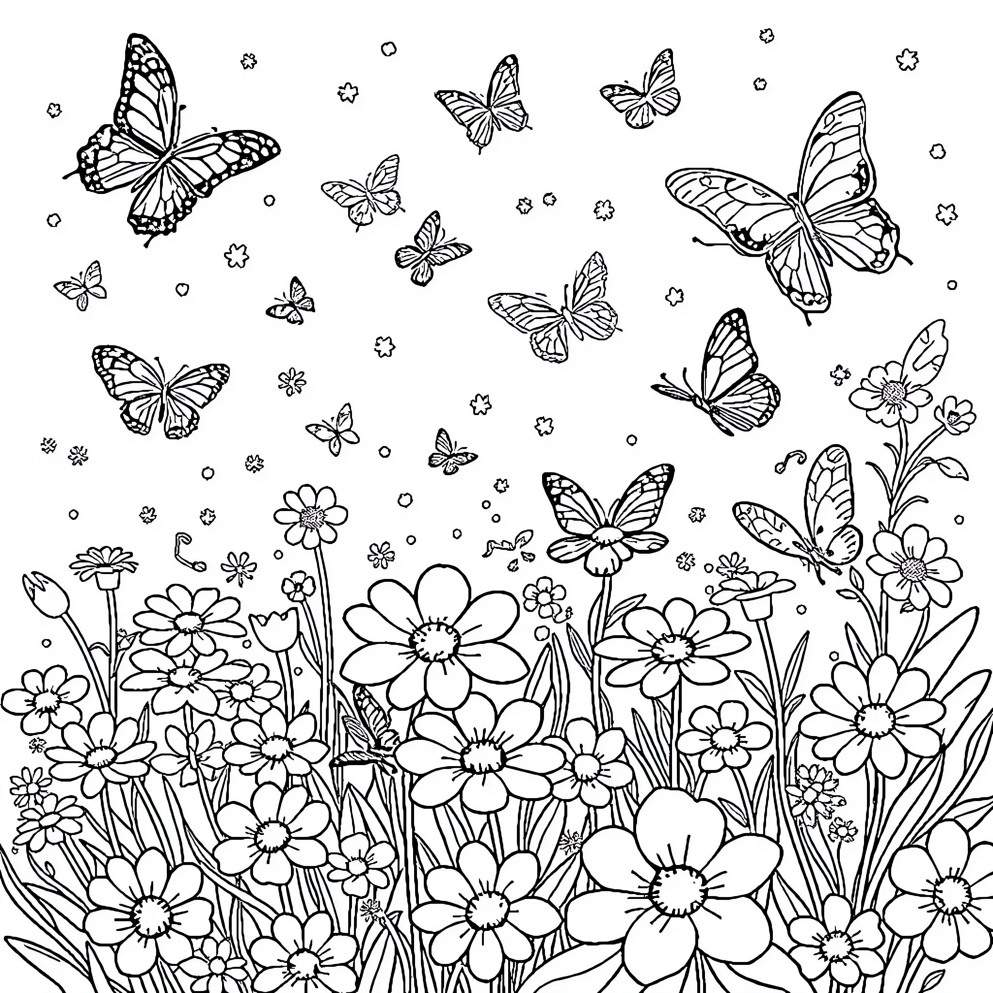 Butterfly Garden with Vibrant Flowers and Fluttering Creatures Coloring Page (free black-and-white line drawing printable PDF for all, from beginners to advanced learners, including children, teens, adults, and seniors)