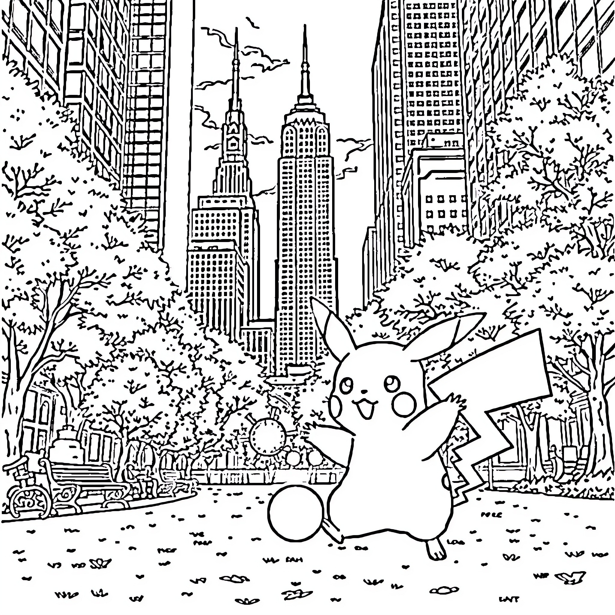 Pikachu explores the bustling city landscape Coloring Page (free black-and-white line drawing printable PDF for all, from beginners to advanced learners, including children, teens, adults, and seniors)