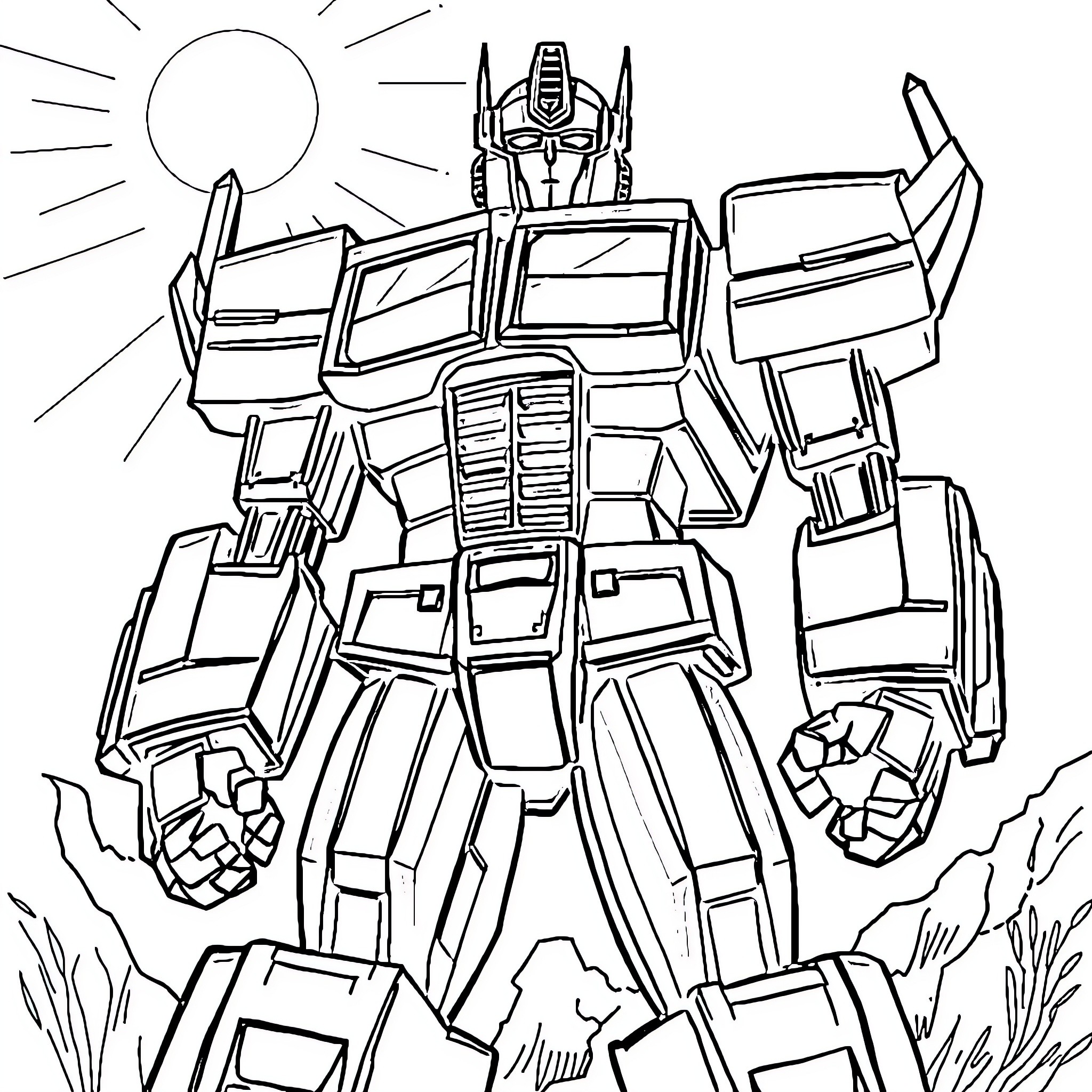 Optimus Prime leading the charge in battle Coloring Page (free black-and-white line drawing printable PDF for all, from beginners to advanced learners, including children, teens, adults, and seniors)