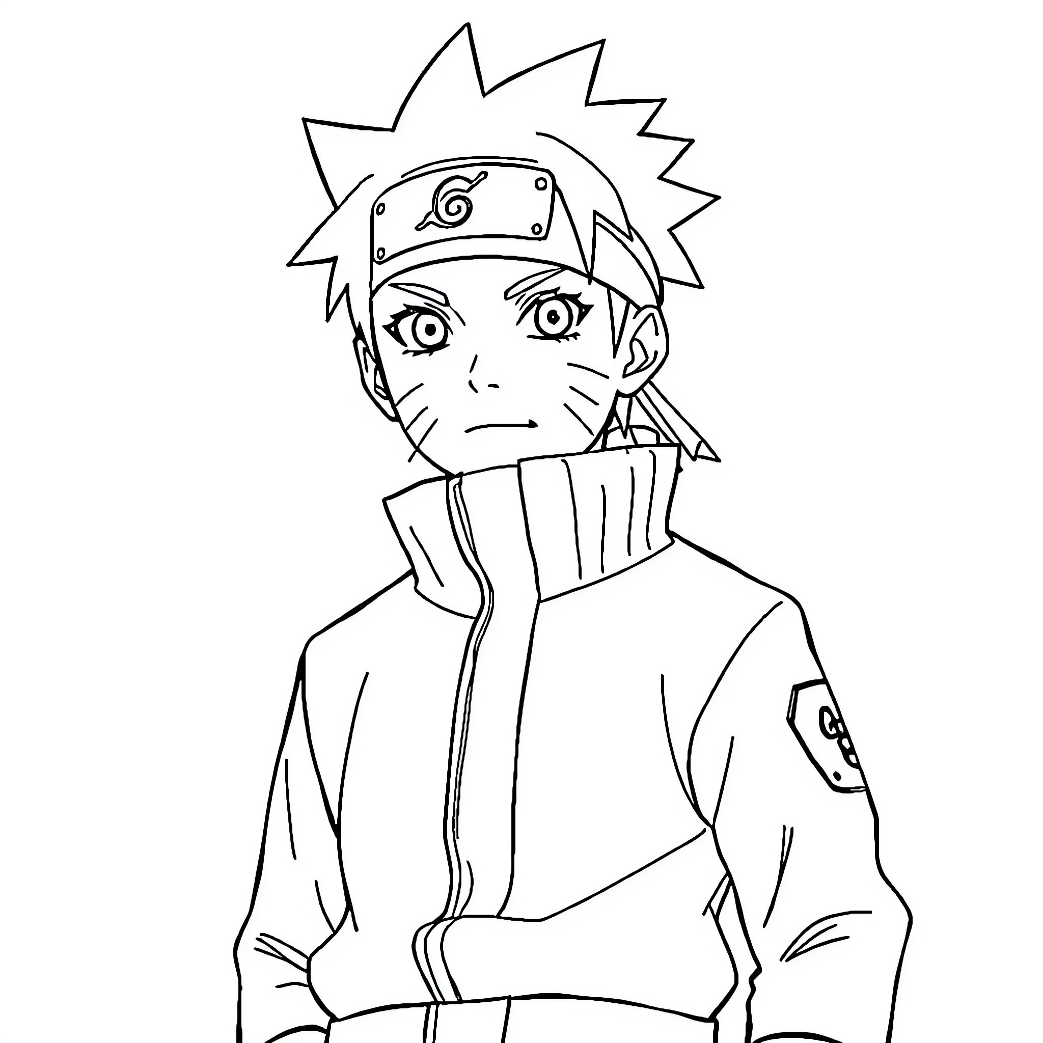 Naruto in pensive expression wearing ninja outfit Coloring Page (free black-and-white line drawing printable PDF for all, from beginners to advanced learners, including children, teens, adults, and seniors)