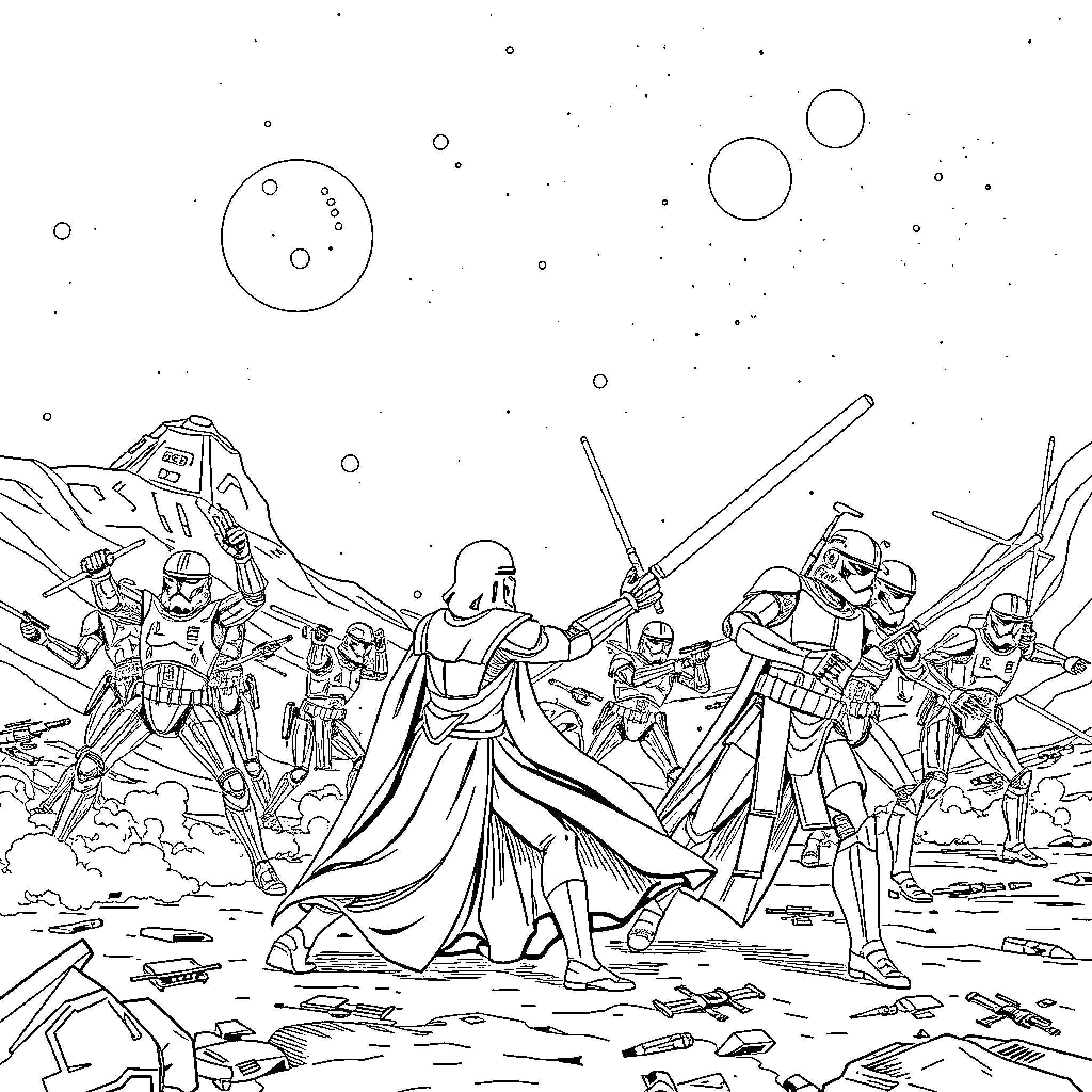 Star Wars Characters in Epic Battle Scene Coloring Page (free black-and-white line drawing printable PDF for all, from beginners to advanced learners, including children, teens, adults, and seniors)