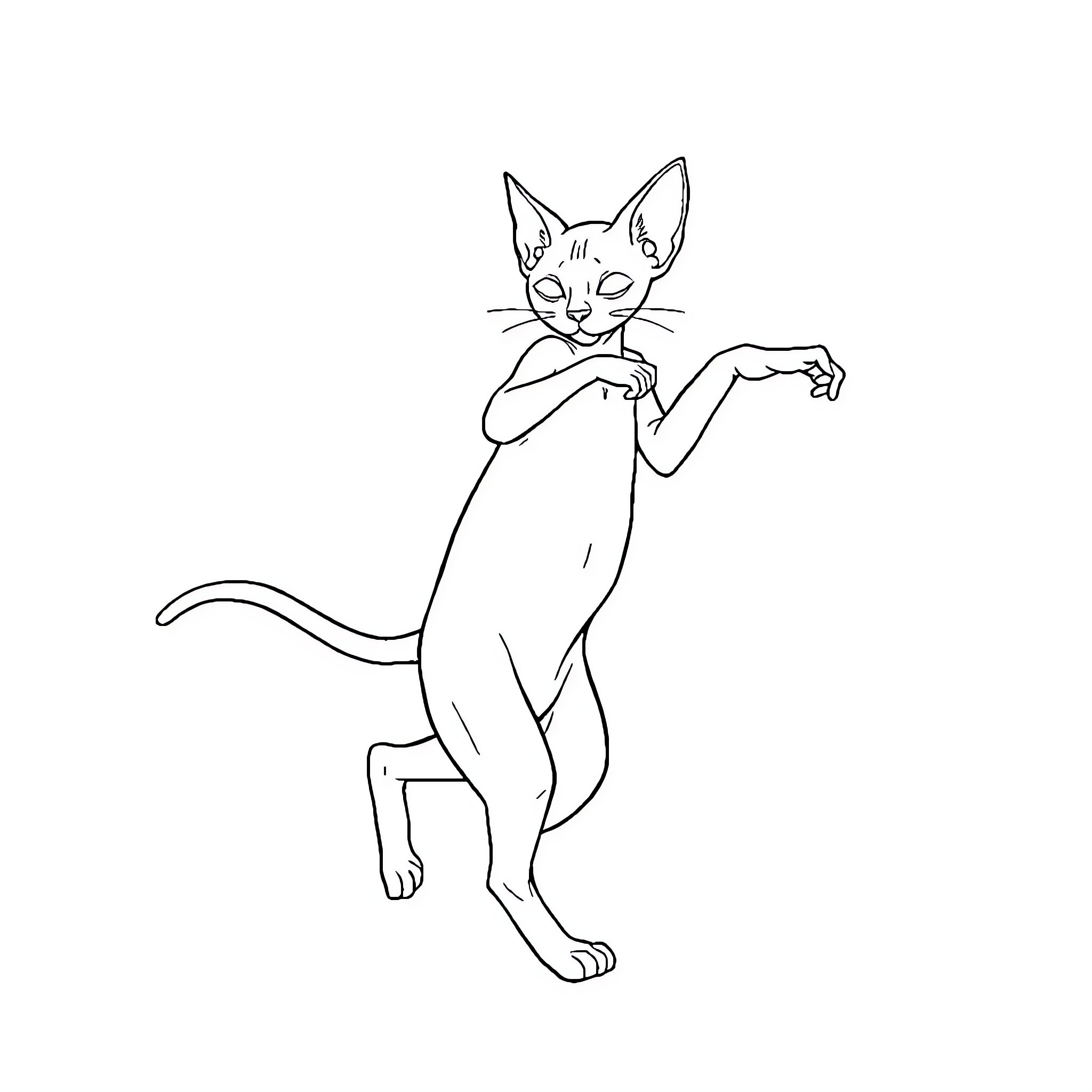 Sphynx Cat in Playful Pose Coloring Page (free black-and-white line drawing printable PDF for all, from beginners to advanced learners, including children, teens, adults, and seniors)