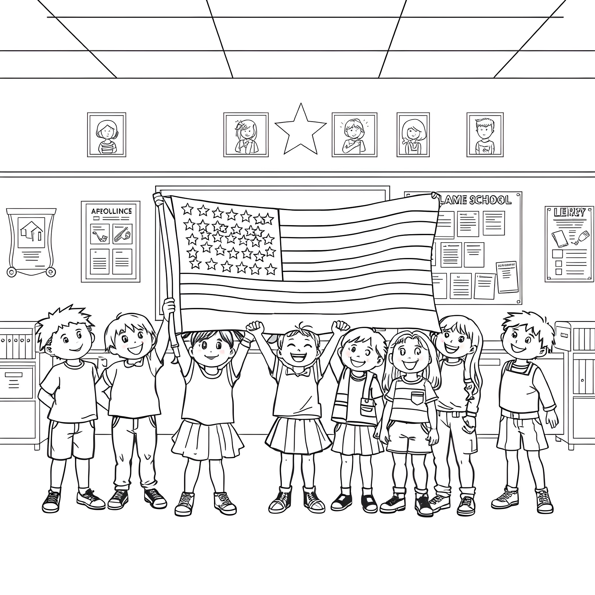 Kid students holding American flag in classroom Coloring Page (free black-and-white line drawing printable PDF for all, from beginners to advanced learners, including children, teens, adults, and seniors)