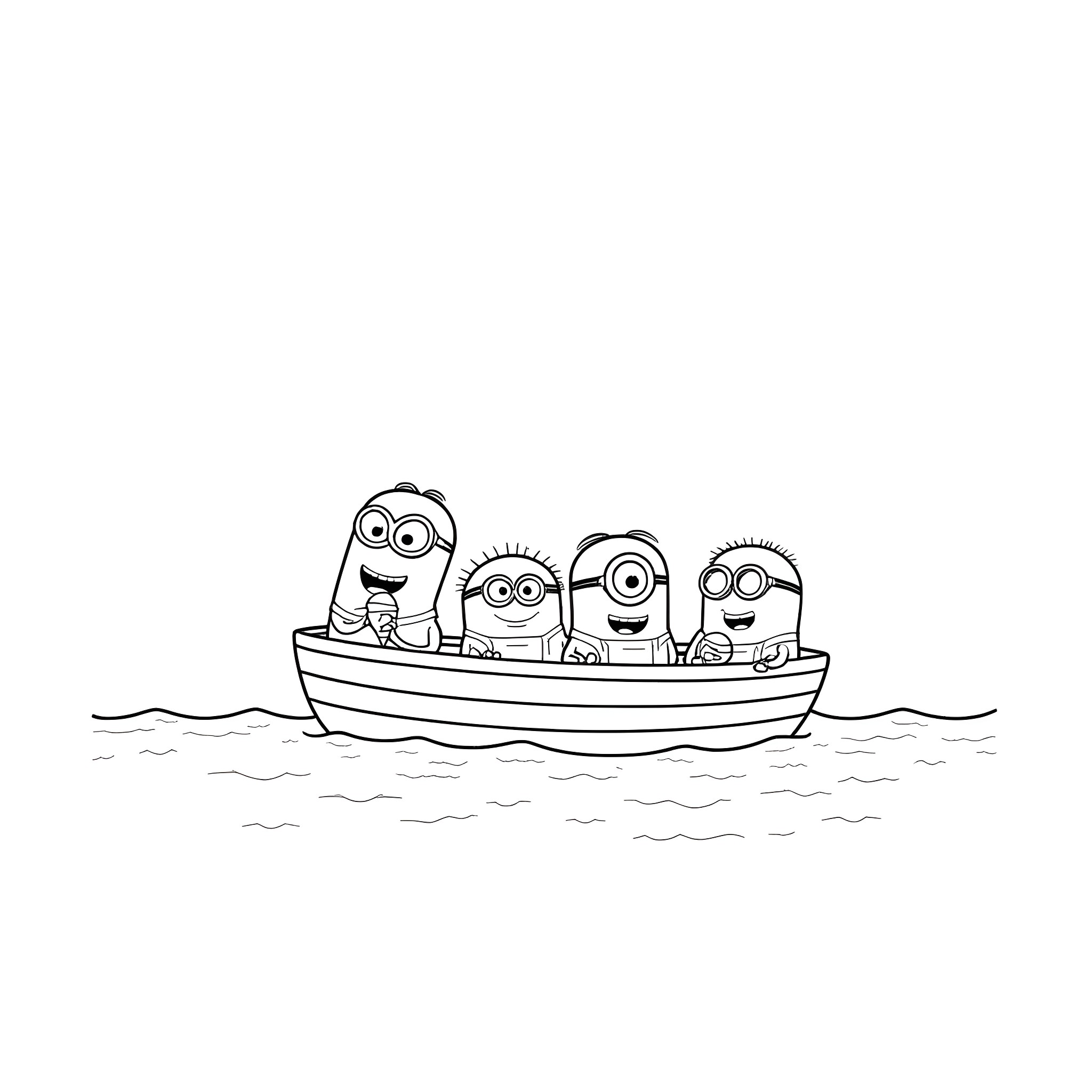 Minions enjoying a boat ride on the water Coloring Page (free black-and-white line drawing printable PDF for all, from beginners to advanced learners, including children, teens, adults, and seniors)
