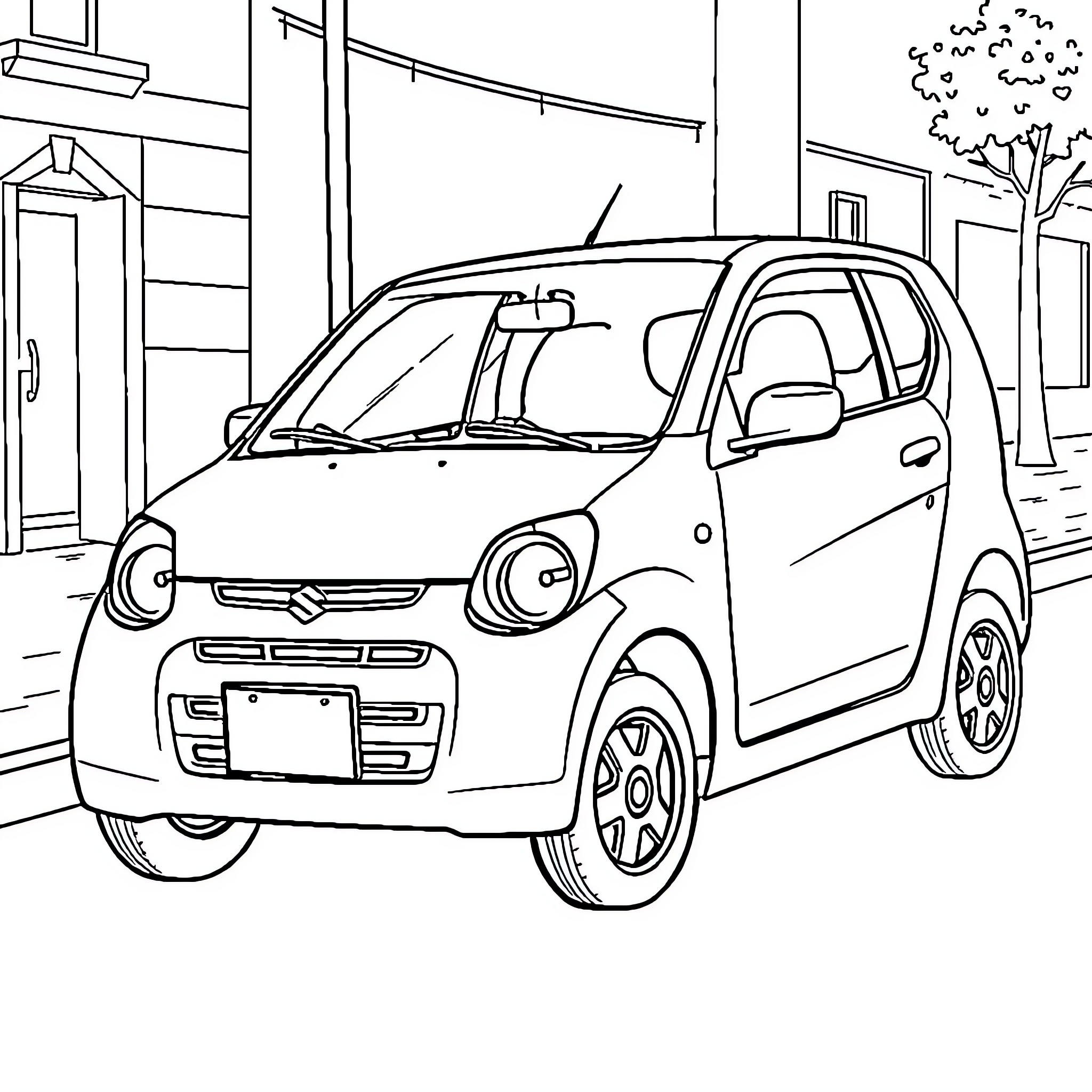 Suzuki Alto parked on a city street Coloring Page (free black-and-white line drawing printable PDF for all, from beginners to advanced learners, including children, teens, adults, and seniors)