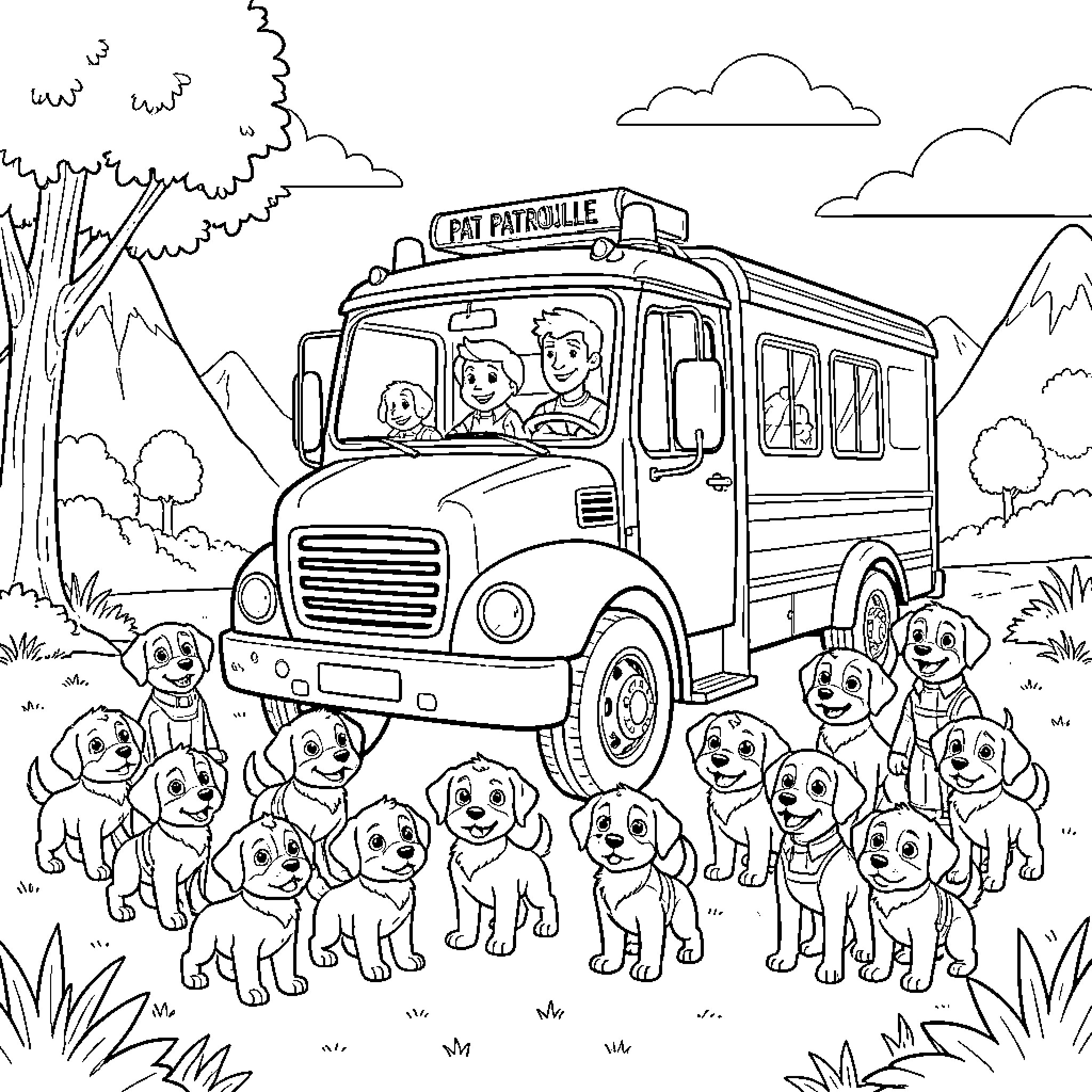 Paw Patrol characters riding in a large vehicle Coloring Page (free black-and-white line drawing printable PDF for all, from beginners to advanced learners, including children, teens, adults, and seniors)