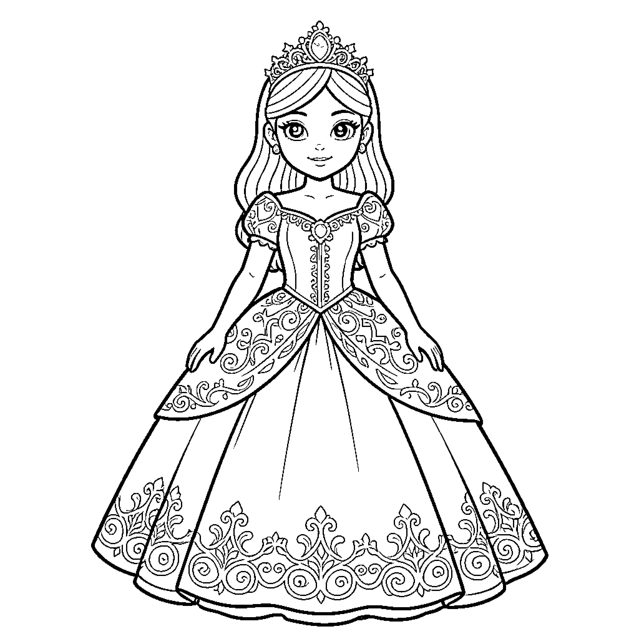 Princess wearing a crown and elegant gown Coloring Page (free black-and-white line drawing printable PDF for all, from beginners to advanced learners, including children, teens, adults, and seniors)
