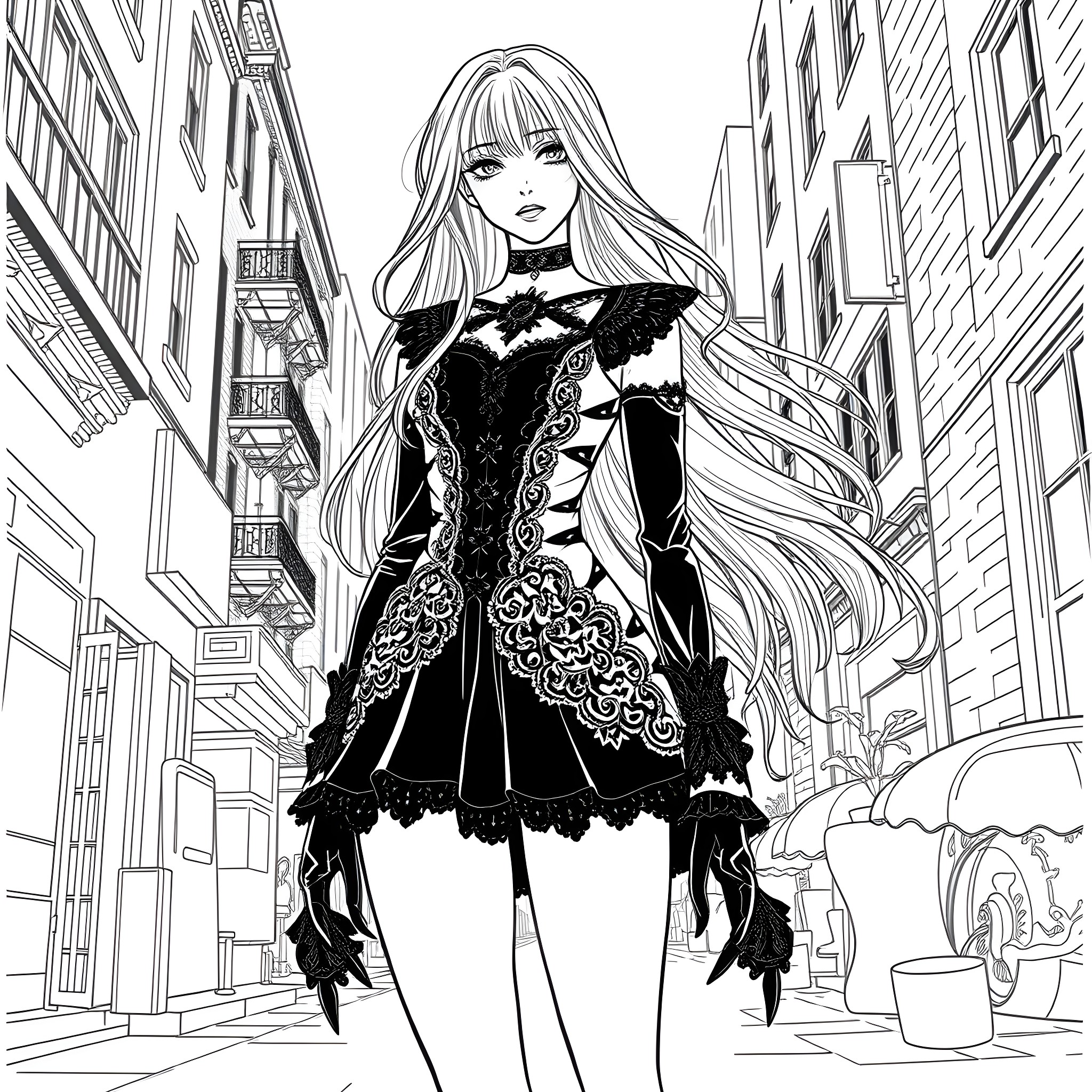 Goth Girl's Fashionable Presence in the City Coloring Page (free black-and-white line drawing printable PDF for all, from beginners to advanced learners, including children, teens, adults, and seniors)