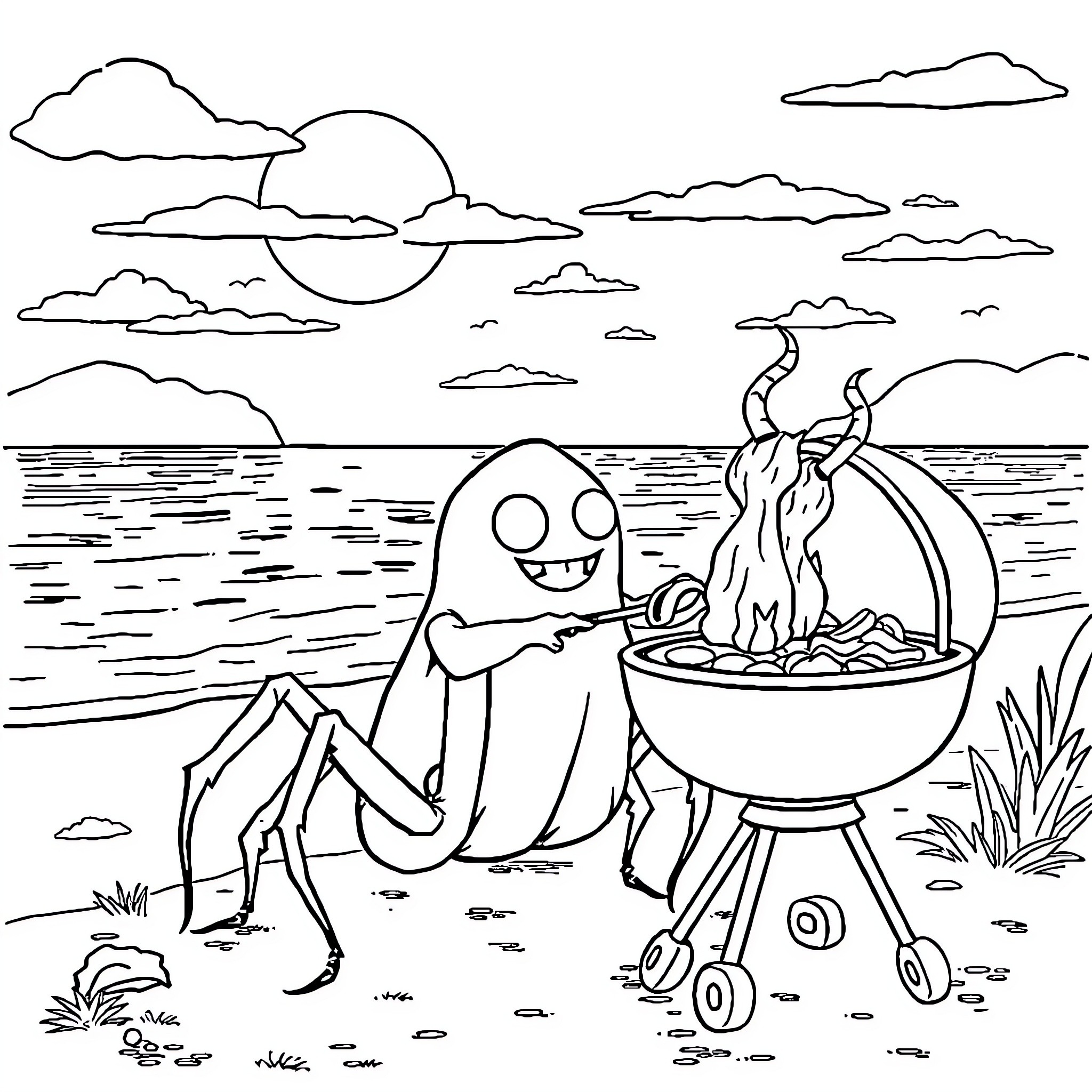 Spider cooking food on a barbecue by the sea Coloring Page (free black-and-white line drawing printable PDF for all, from beginners to advanced learners, including children, teens, adults, and seniors)