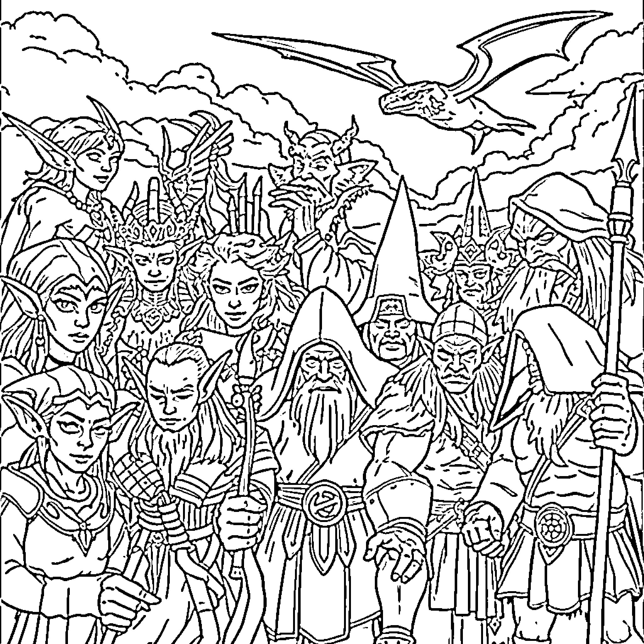 Fantasy Character Gathering of Diverse Mythical Beings Coloring Page (free black-and-white line drawing printable PDF for all, from beginners to advanced learners, including children, teens, adults, and seniors)