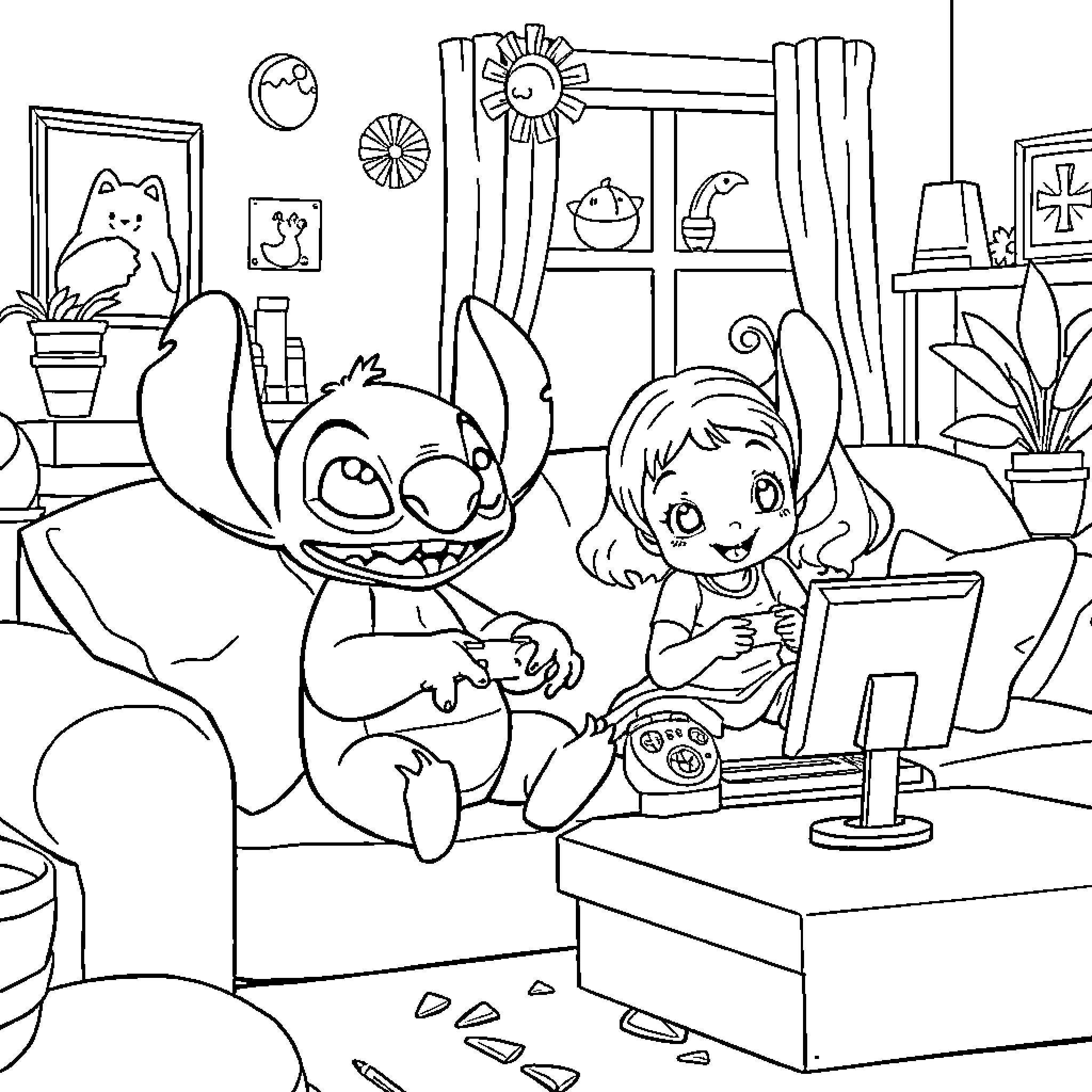 Stitch and Girl Explore Quirky Home Coloring Page (free black-and-white line drawing printable PDF for all, from beginners to advanced learners, including children, teens, adults, and seniors)