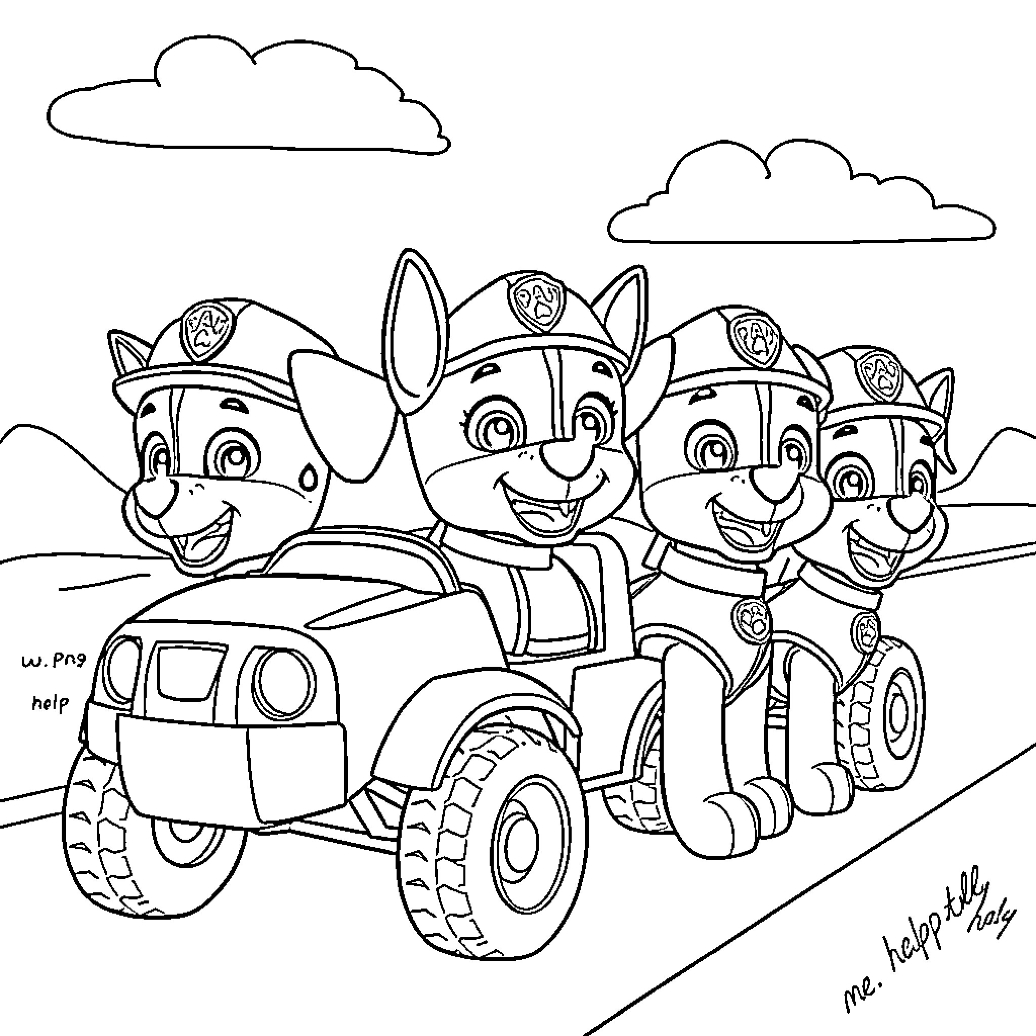 Paw Patrol team on the go in their vehicles Coloring Page (free black-and-white line drawing printable PDF for all, from beginners to advanced learners, including children, teens, adults, and seniors)