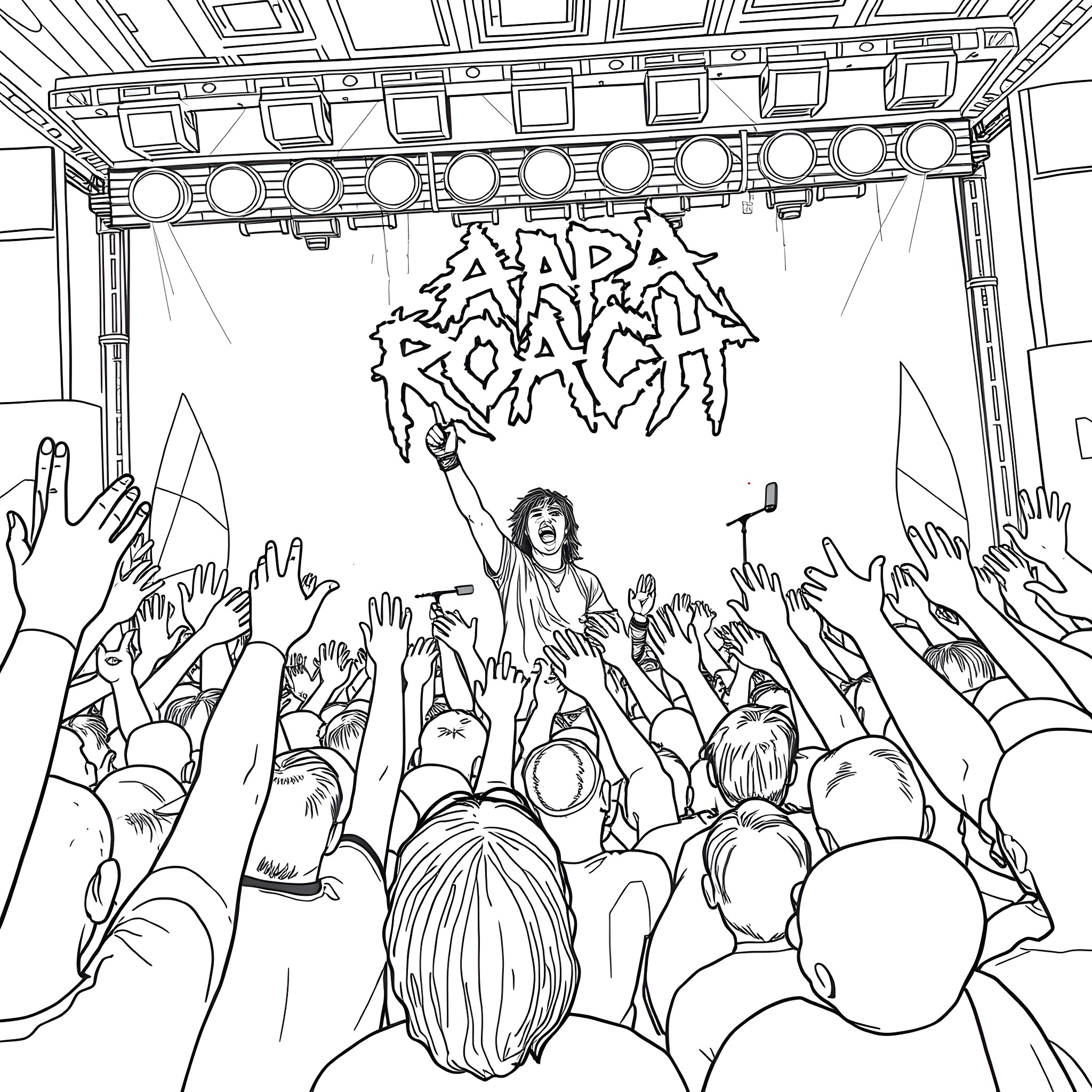Papa Roach rocking out on stage with enthusiastic crowd Coloring Page (free black-and-white line drawing printable PDF for all, from beginners to advanced learners, including children, teens, adults, and seniors)