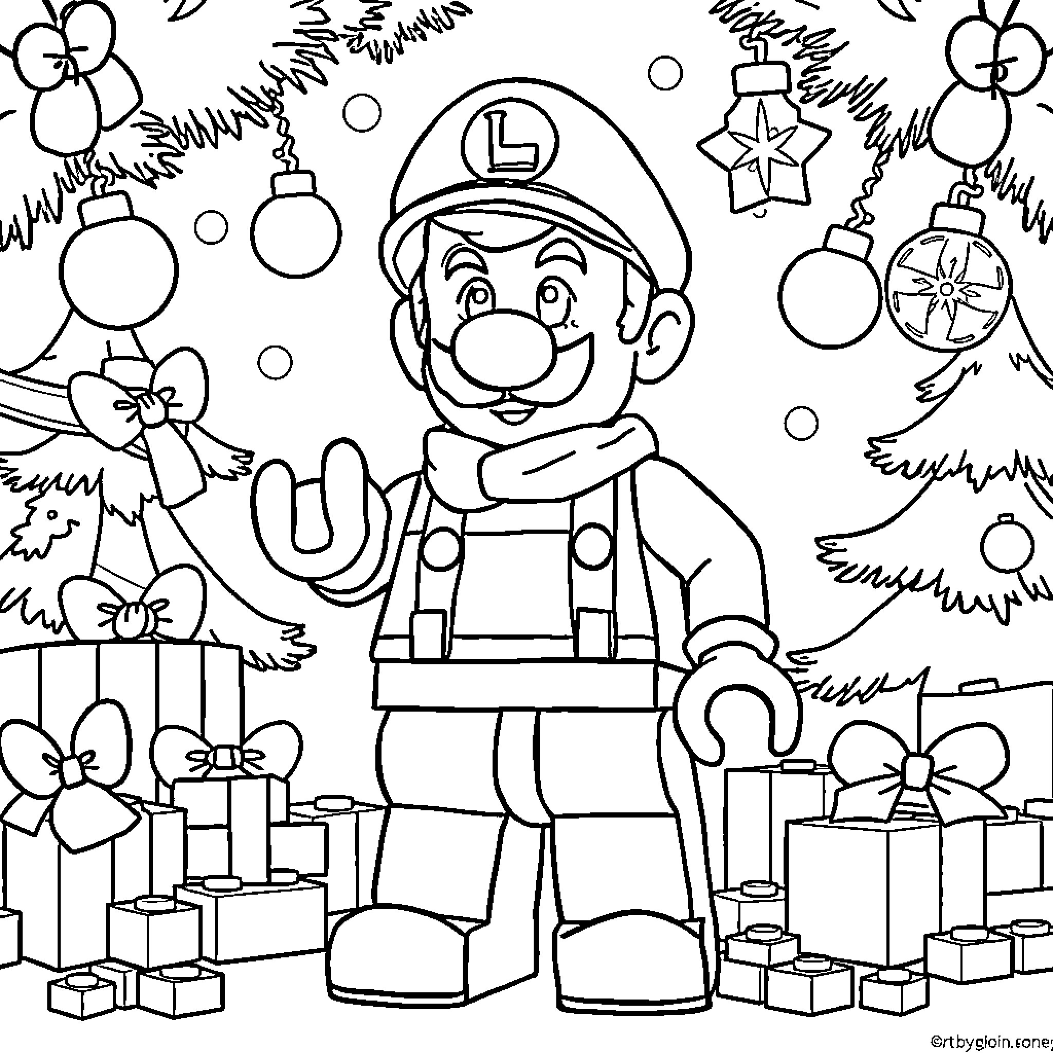 Lego Luigi's festive holiday scene Coloring Page (free black-and-white line drawing printable PDF for all, from beginners to advanced learners, including children, teens, adults, and seniors)