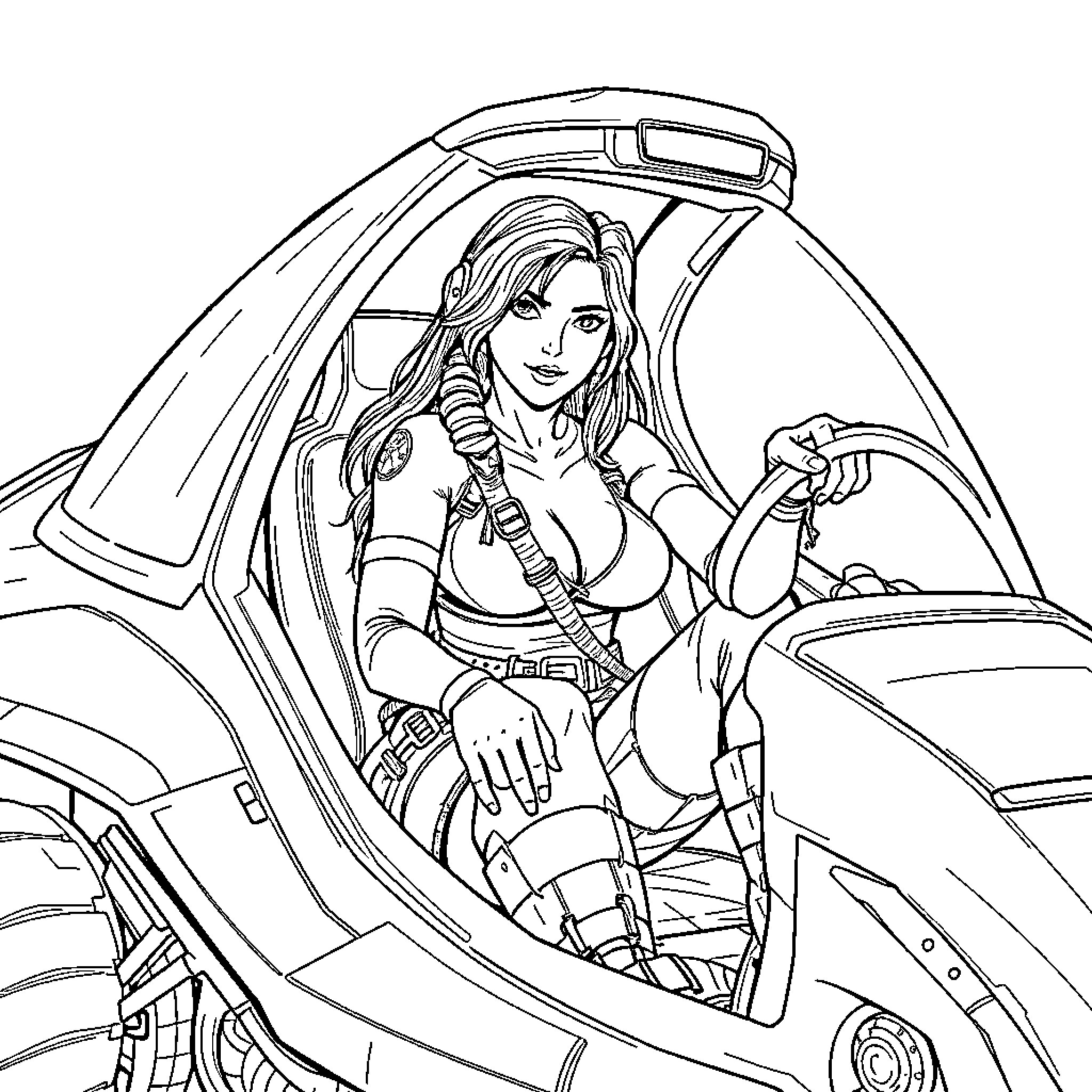 Lara Croft in action-ready pose inside futuristic vehicle Coloring Page (free black-and-white line drawing printable PDF for all, from beginners to advanced learners, including children, teens, adults, and seniors)