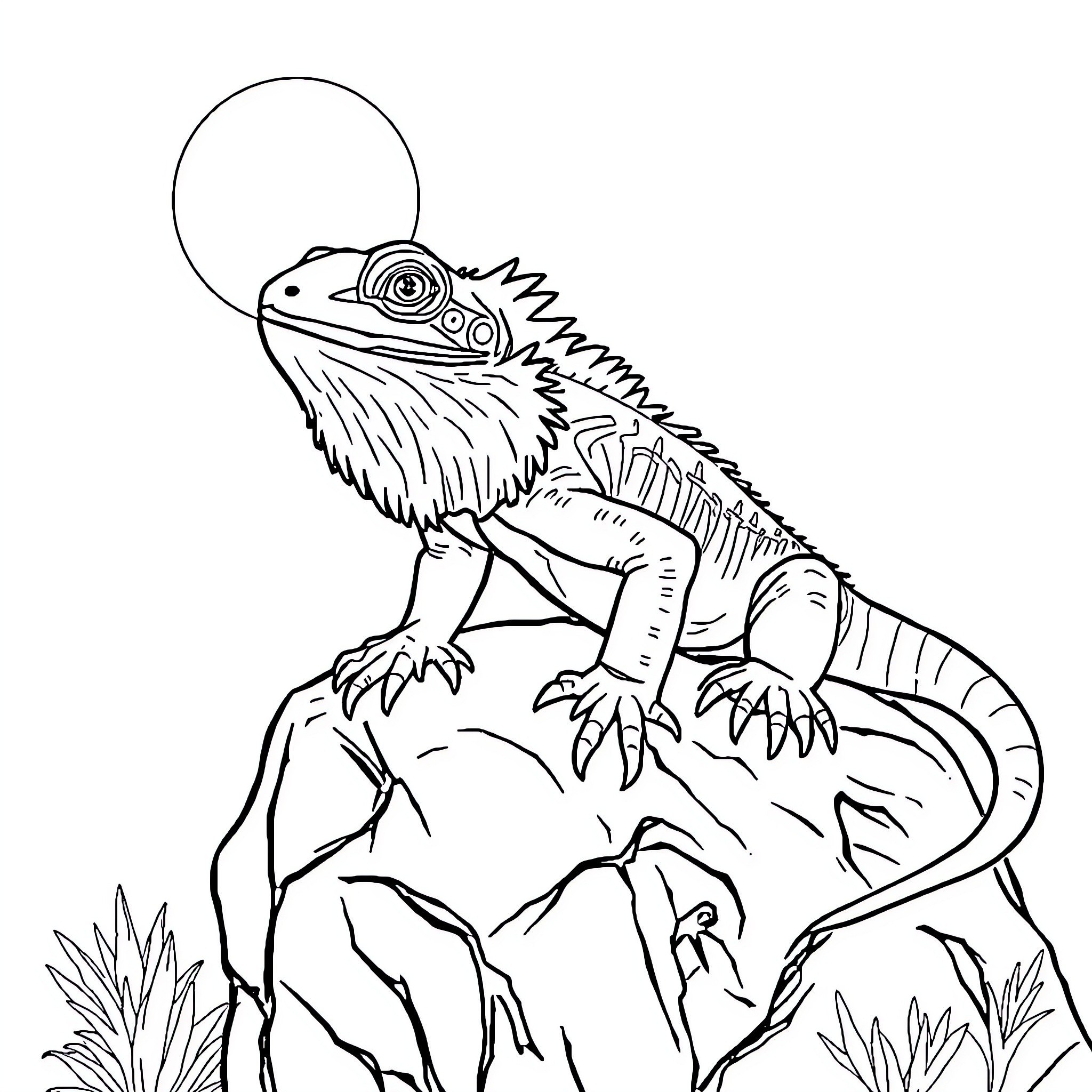 Bearded Dragon Perched on Rocky Terrain Coloring Page (free black-and-white line drawing printable PDF for all, from beginners to advanced learners, including children, teens, adults, and seniors)