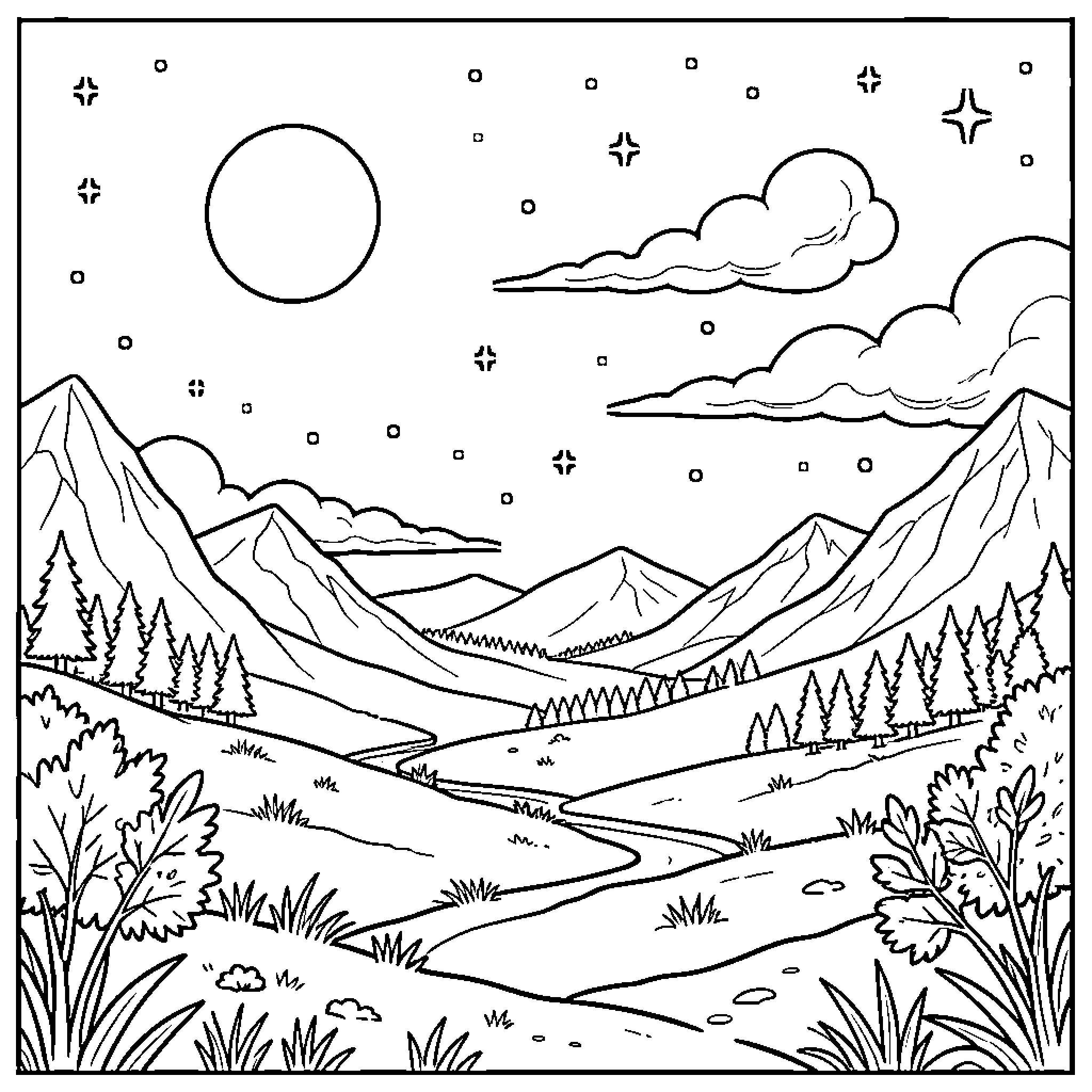 Moon shining over mountains and a winding river Coloring Page (free black-and-white line drawing printable PDF for all, from beginners to advanced learners, including children, teens, adults, and seniors)