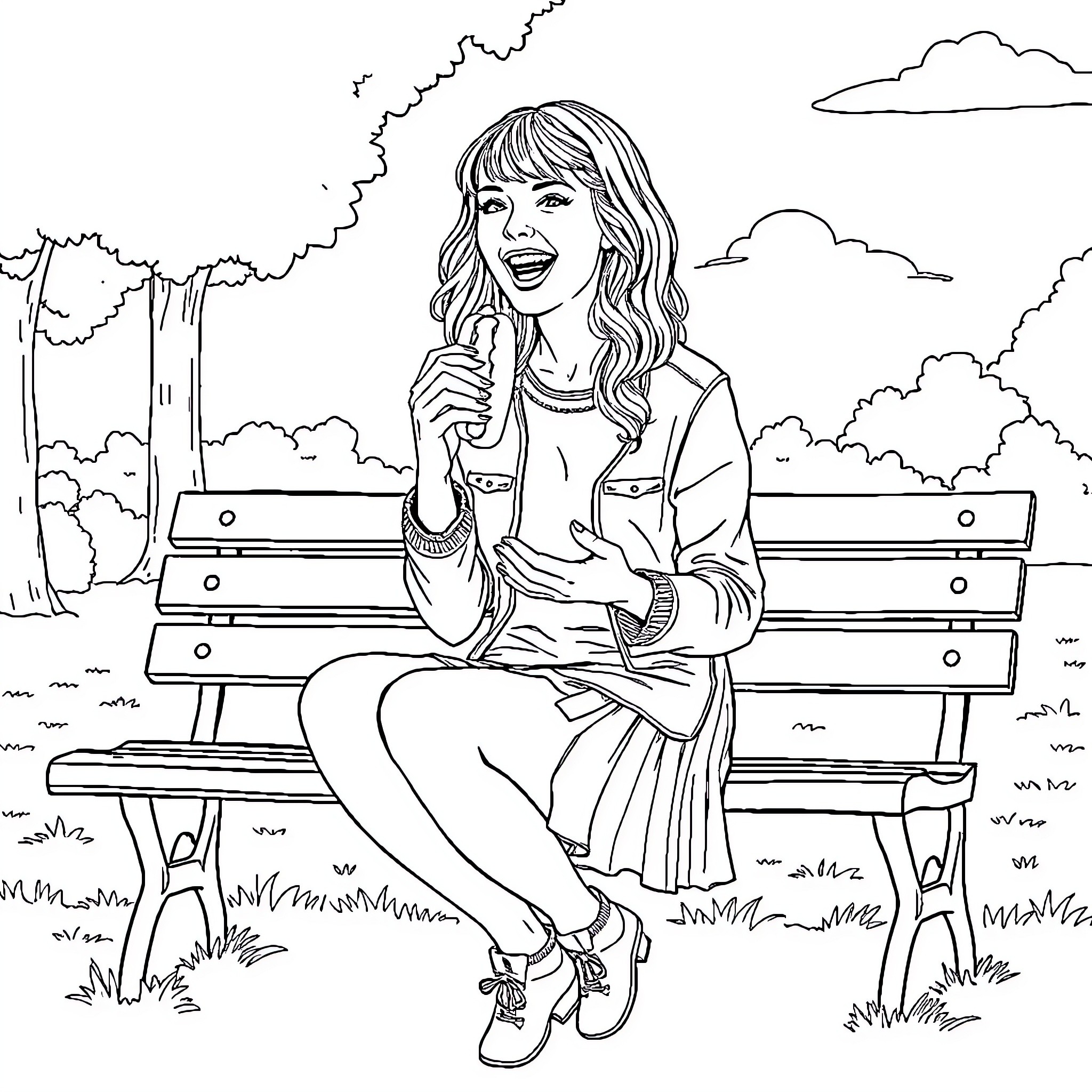 Taylor Swift enjoying a sunny day on a park bench Coloring Page (free black-and-white line drawing printable PDF for all, from beginners to advanced learners, including children, teens, adults, and seniors)