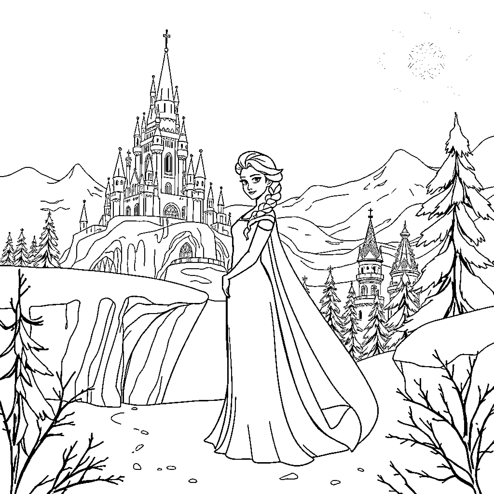 Snow Queen in a Wintry Fairy Tale Landscape Coloring Page (free black-and-white line drawing printable PDF for all, from beginners to advanced learners, including children, teens, adults, and seniors)