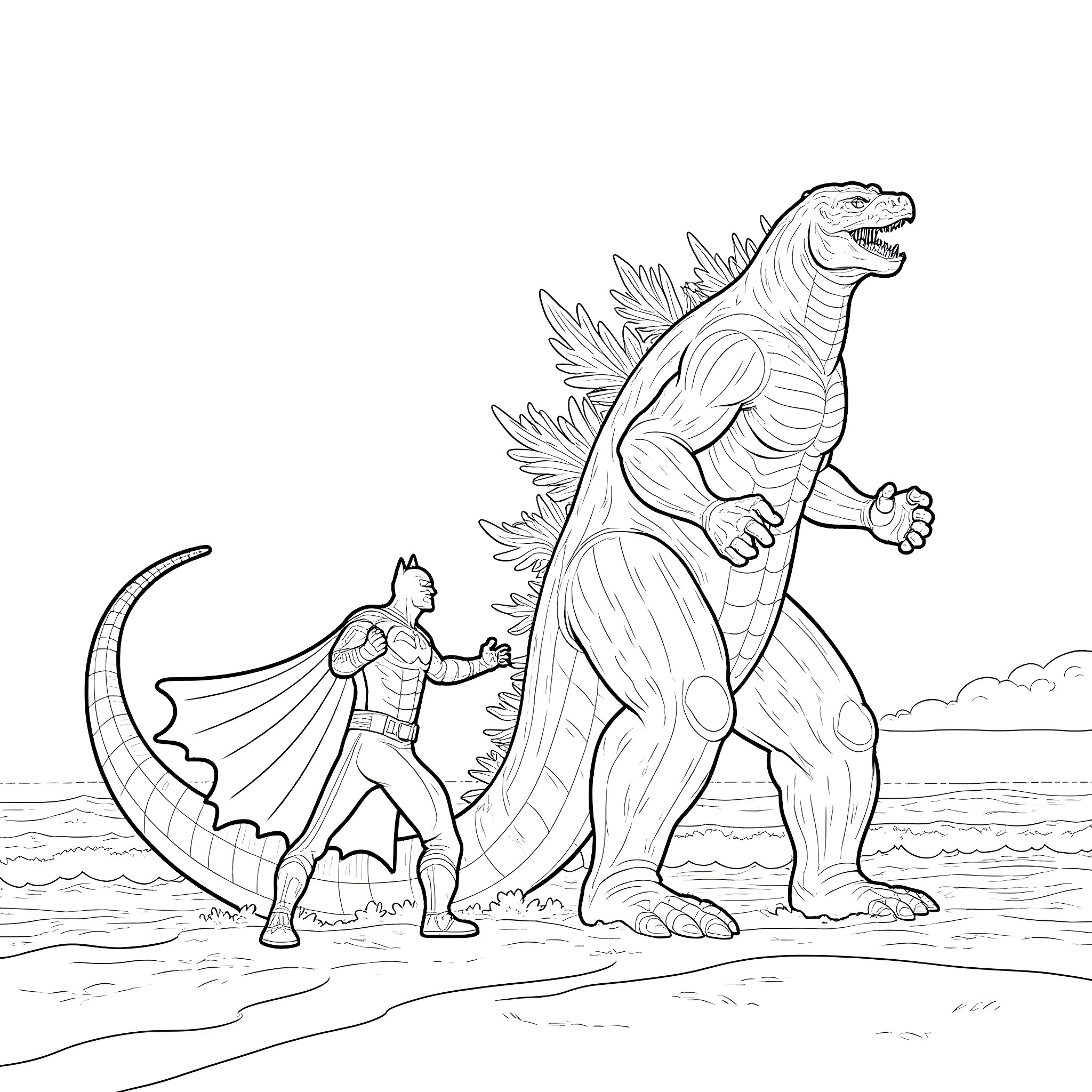 Godzilla confronts heroic figure on the beach Coloring Page (free black-and-white line drawing printable PDF for all, from beginners to advanced learners, including children, teens, adults, and seniors)