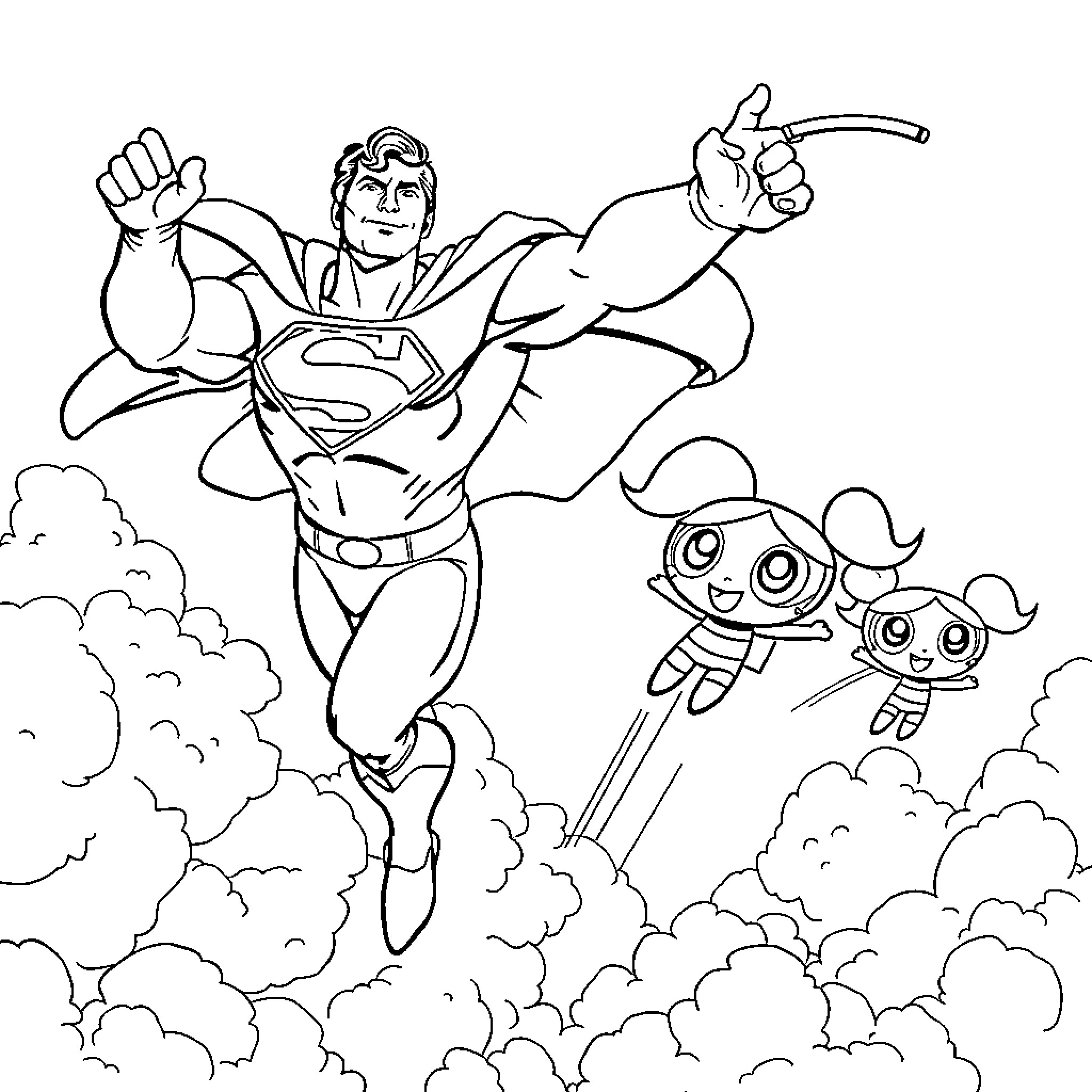 Superman soaring through the clouds with Powerpuff Girls Coloring Page (free black-and-white line drawing printable PDF for all, from beginners to advanced learners, including children, teens, adults, and seniors)