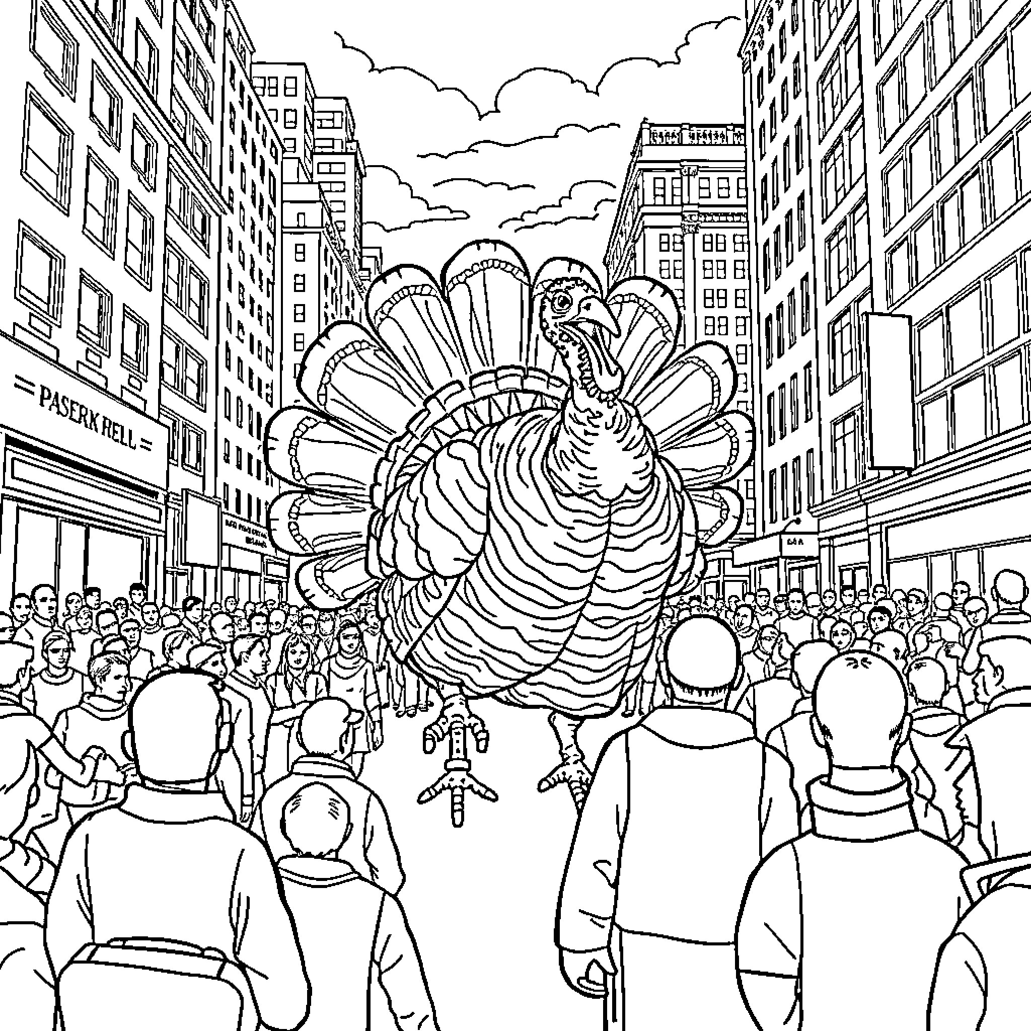 Turkey float in a crowded city parade Coloring Page (free black-and-white line drawing printable PDF for all, from beginners to advanced learners, including children, teens, adults, and seniors)