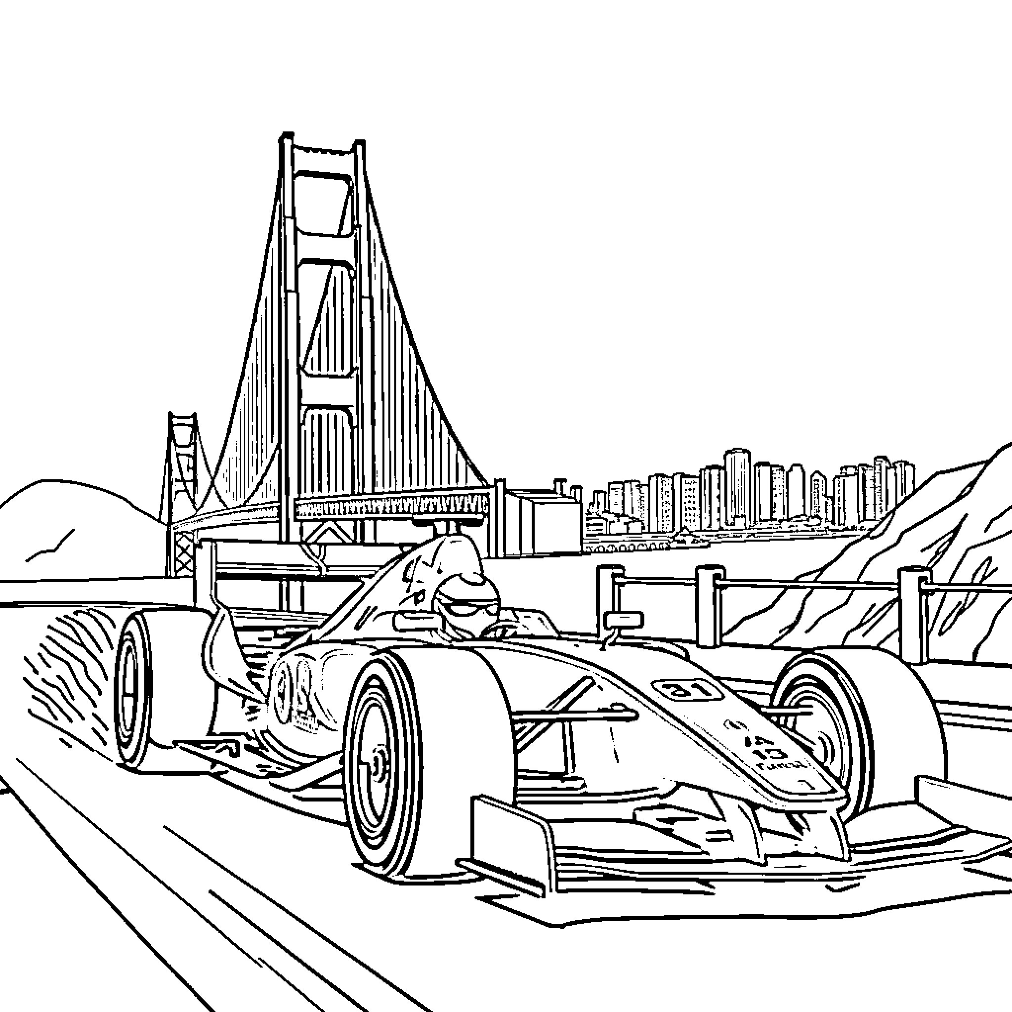 Ferrari Racing Through San Francisco Skyline Coloring Page (free black-and-white line drawing printable PDF for all, from beginners to advanced learners, including children, teens, adults, and seniors)