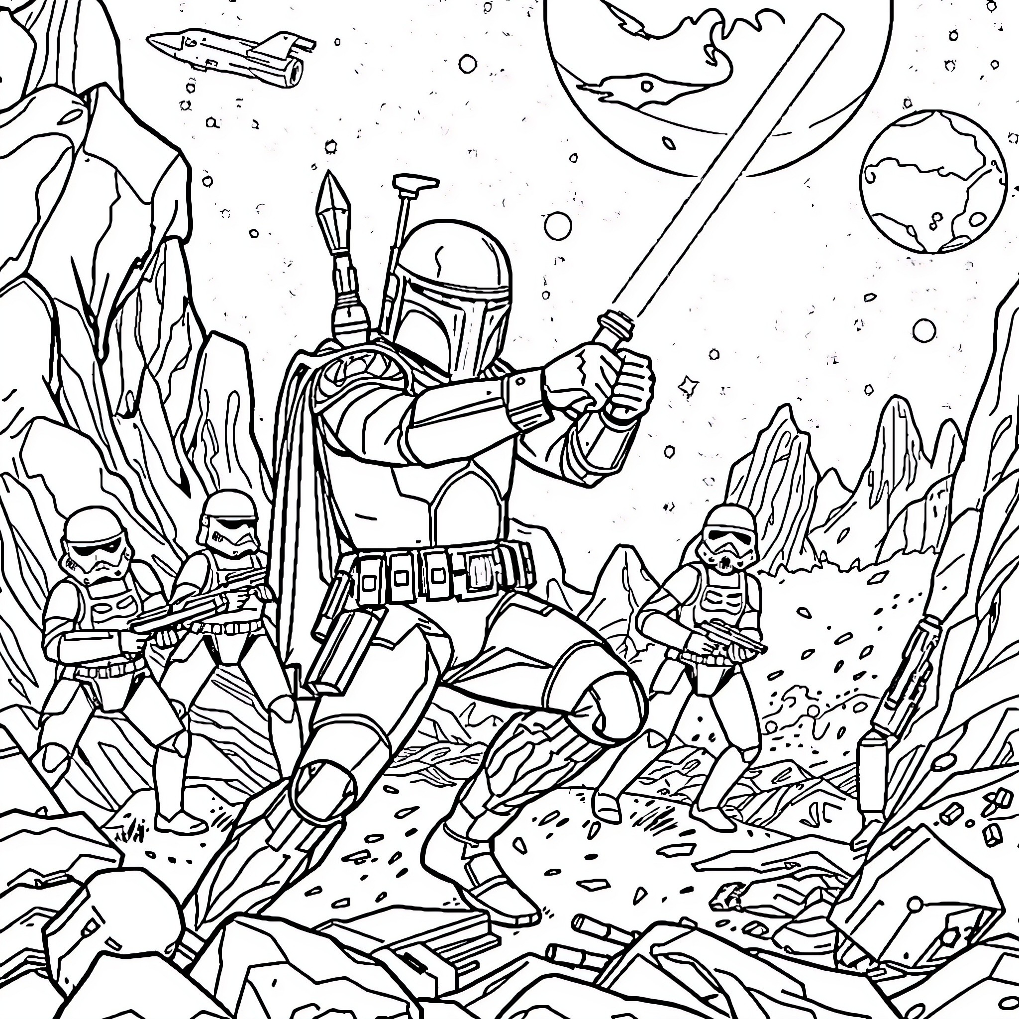 Boba Fett leading a team of Stormtroopers in an intergalactic battle Coloring Page (free black-and-white line drawing printable PDF for all, from beginners to advanced learners, including children, teens, adults, and seniors)